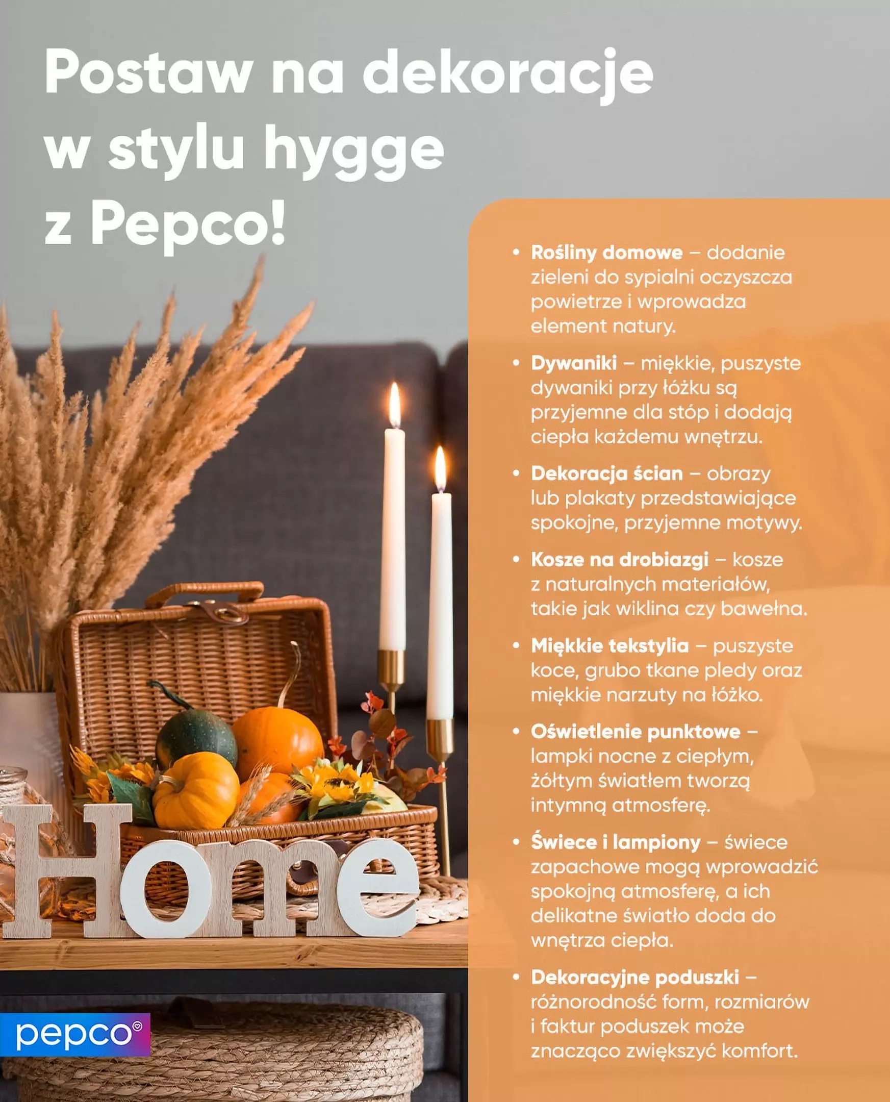 Przytulna aranżacja w stylu hygge od Pepco z dyniami, świecami, suszonymi trawami i dekoracją HOME, plus porady dekoracyjne.