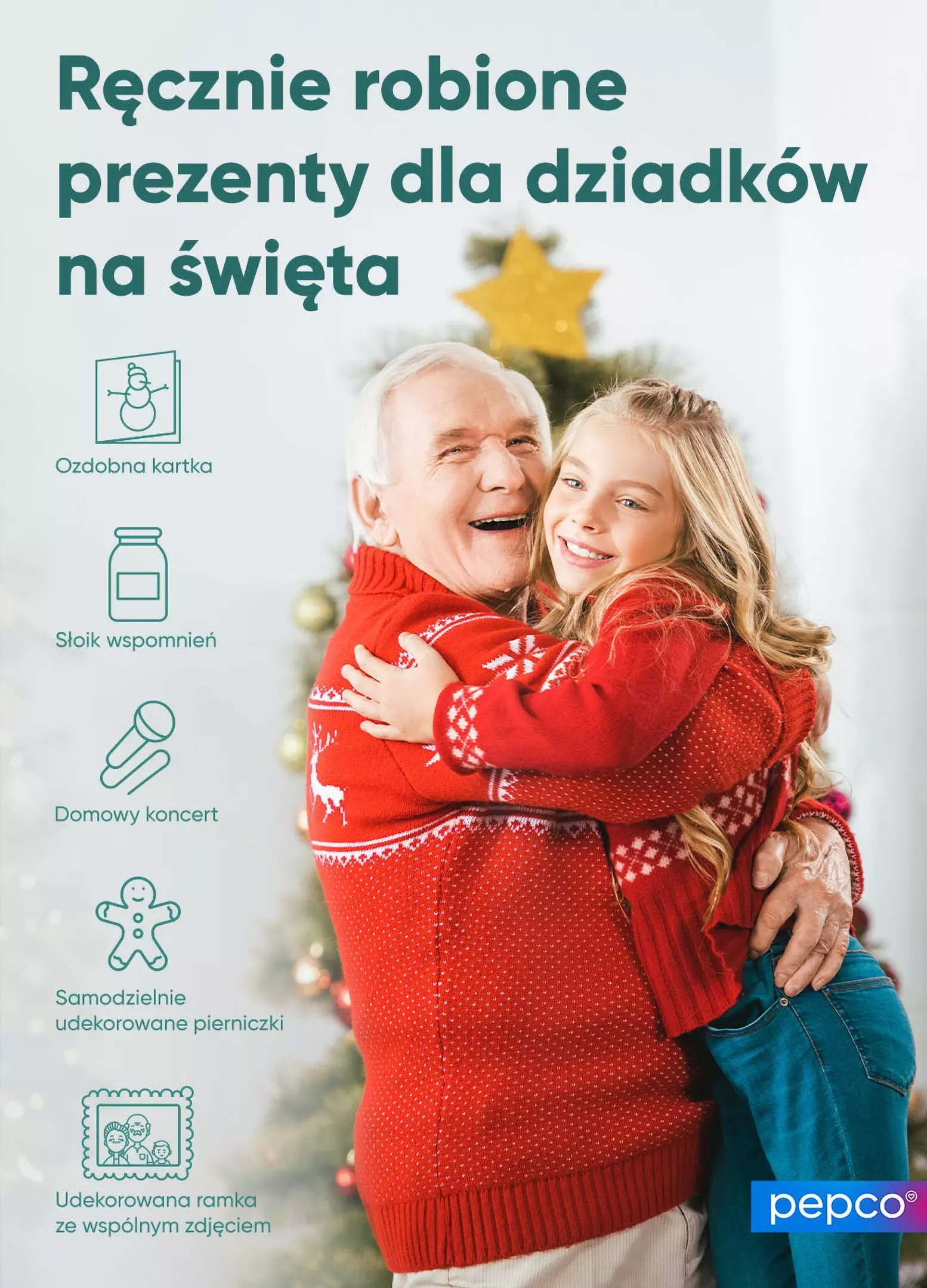 Reklama Pepco prezentująca pomysły na świąteczne prezenty dla dziadków z ikonami różnych propozycji upominków handmade.