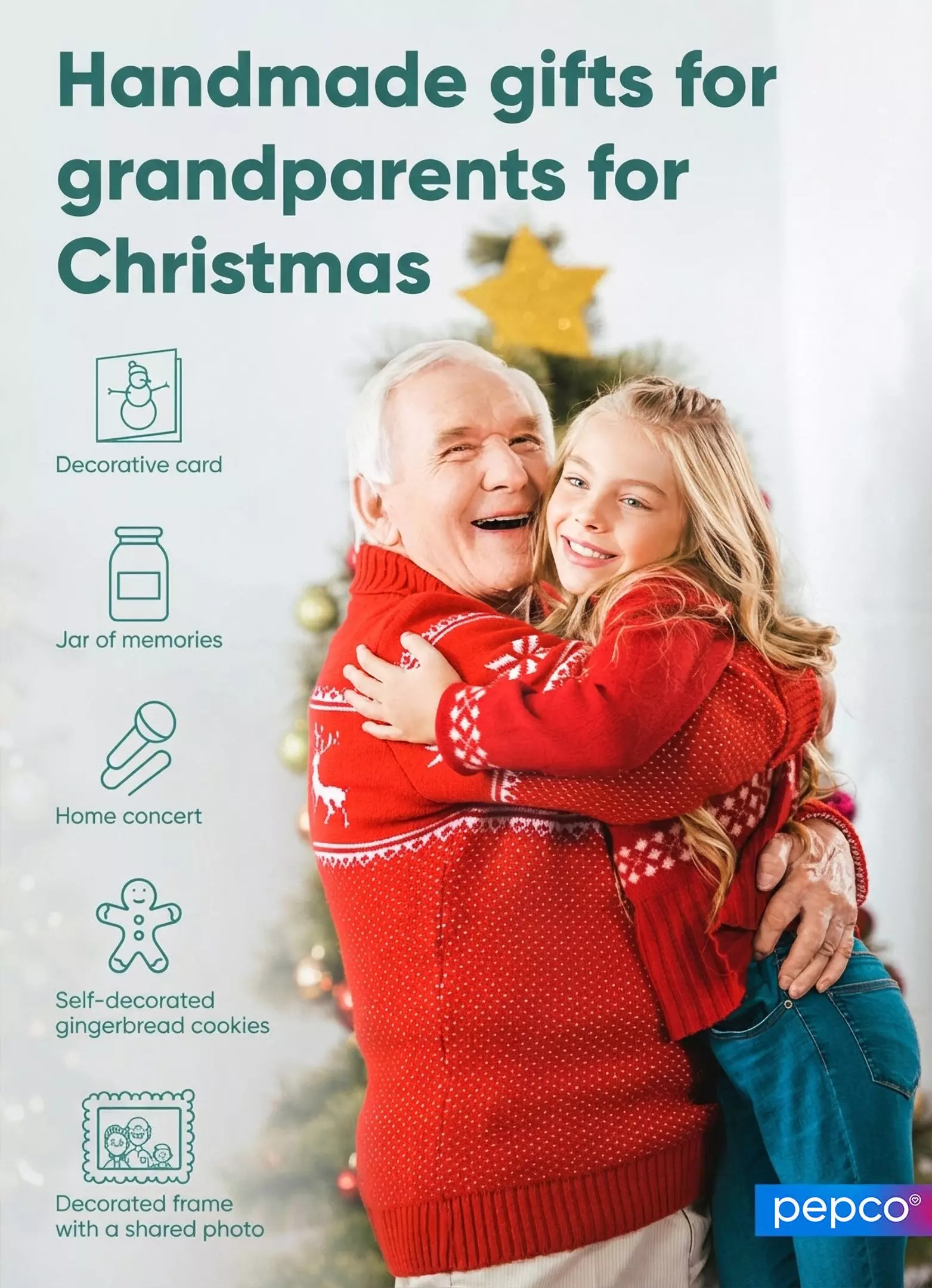 Pepco advertisement showing Christmas gift ideas for grandparents including decorative cards, memory jars and festive sweaters.