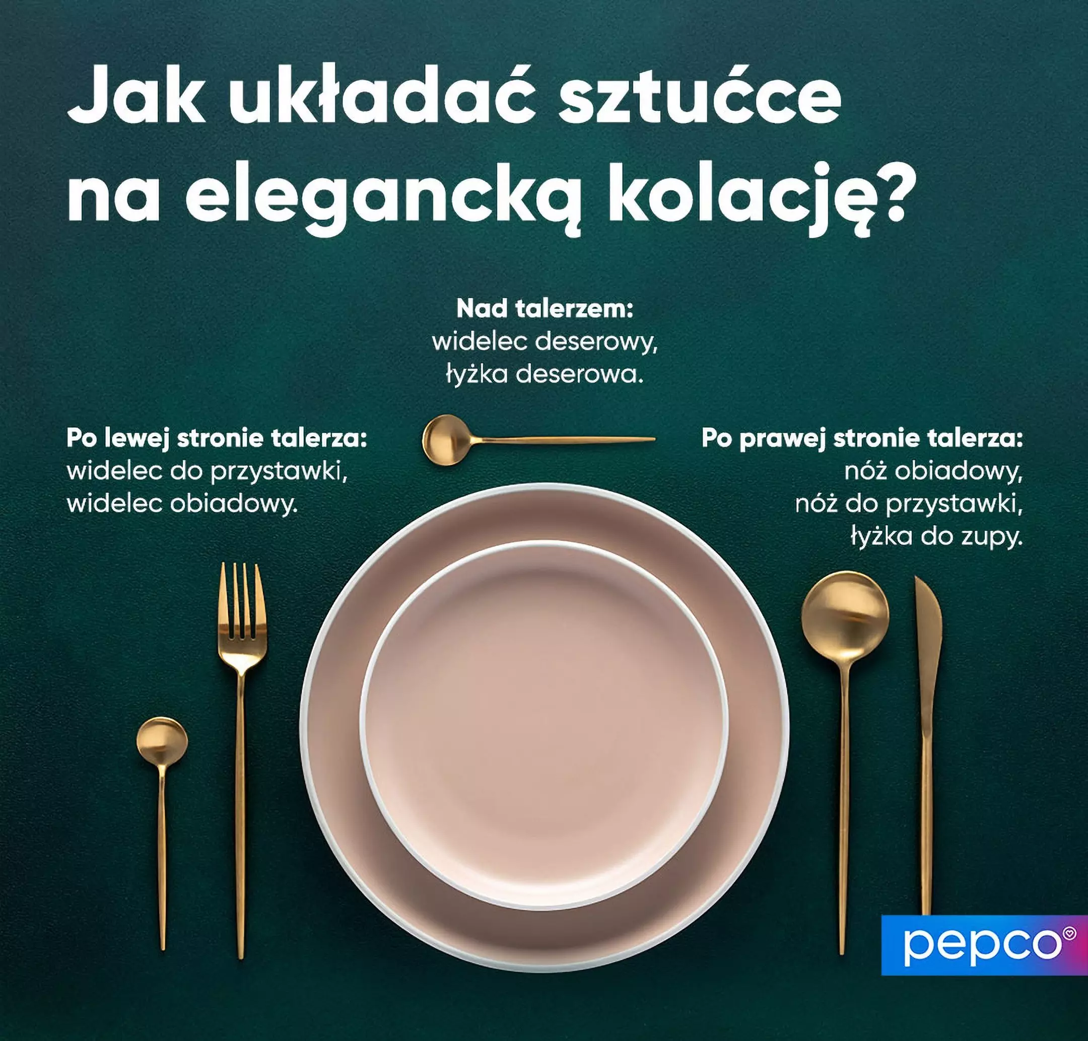 Pepco poradnik pokazujący prawidłowe ułożenie sztućców przy eleganckim nakryciu stołu, z talerzami i złotymi sztućcami.