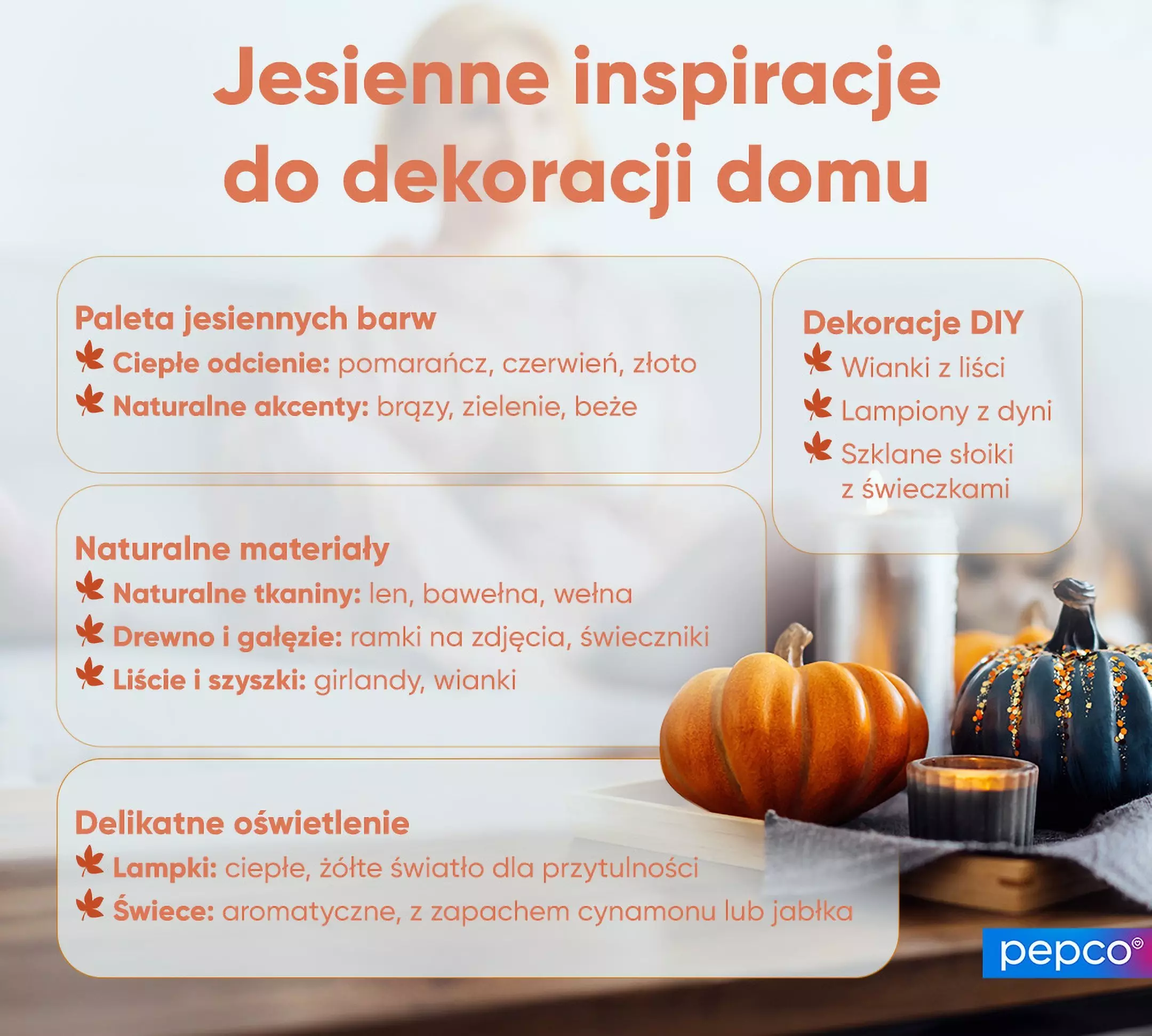 Jesienne inspiracje do dekoracji domu od Pepco z dyniami i świeczką, przedstawiające paletę barw i pomysły DIY.
