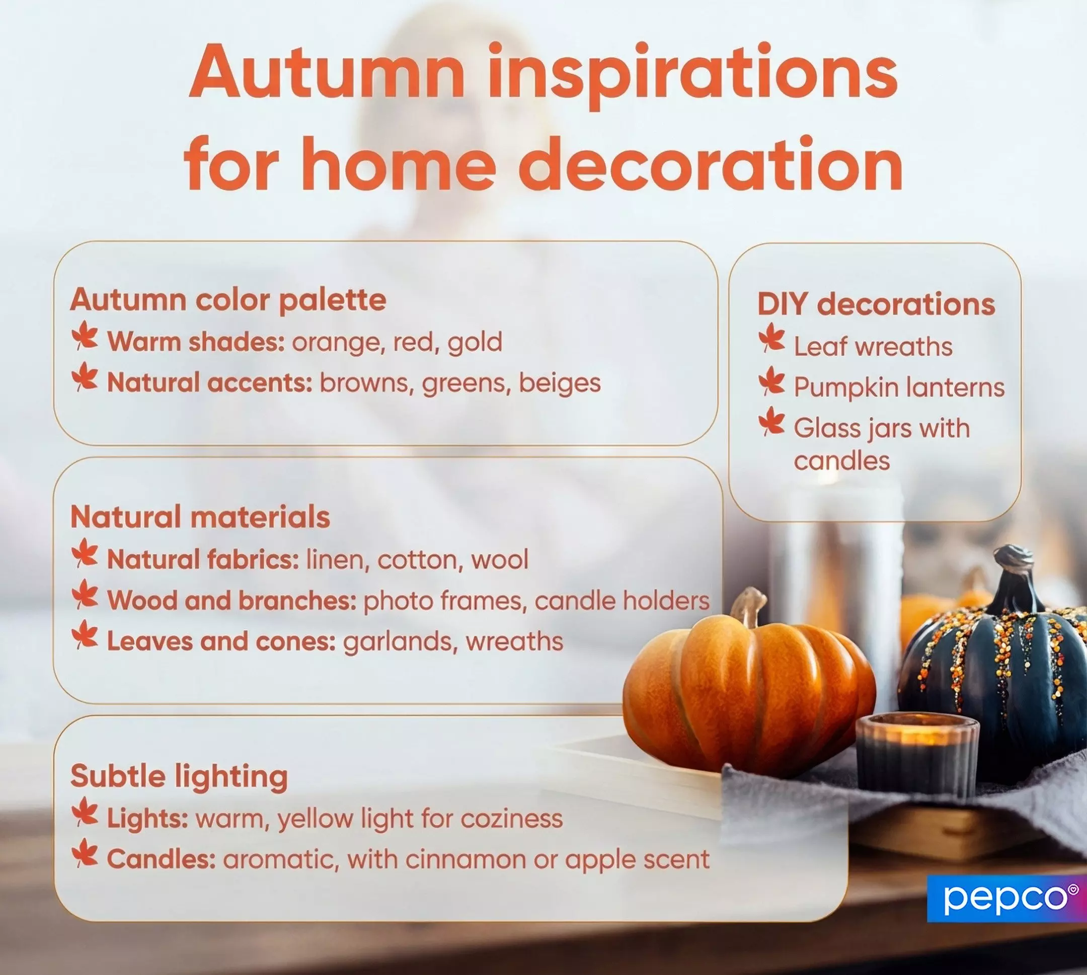 Pepco autumn home decoration guide featuring color palettes, natural materials, and DIY ideas with decorative pumpkins and candle display.