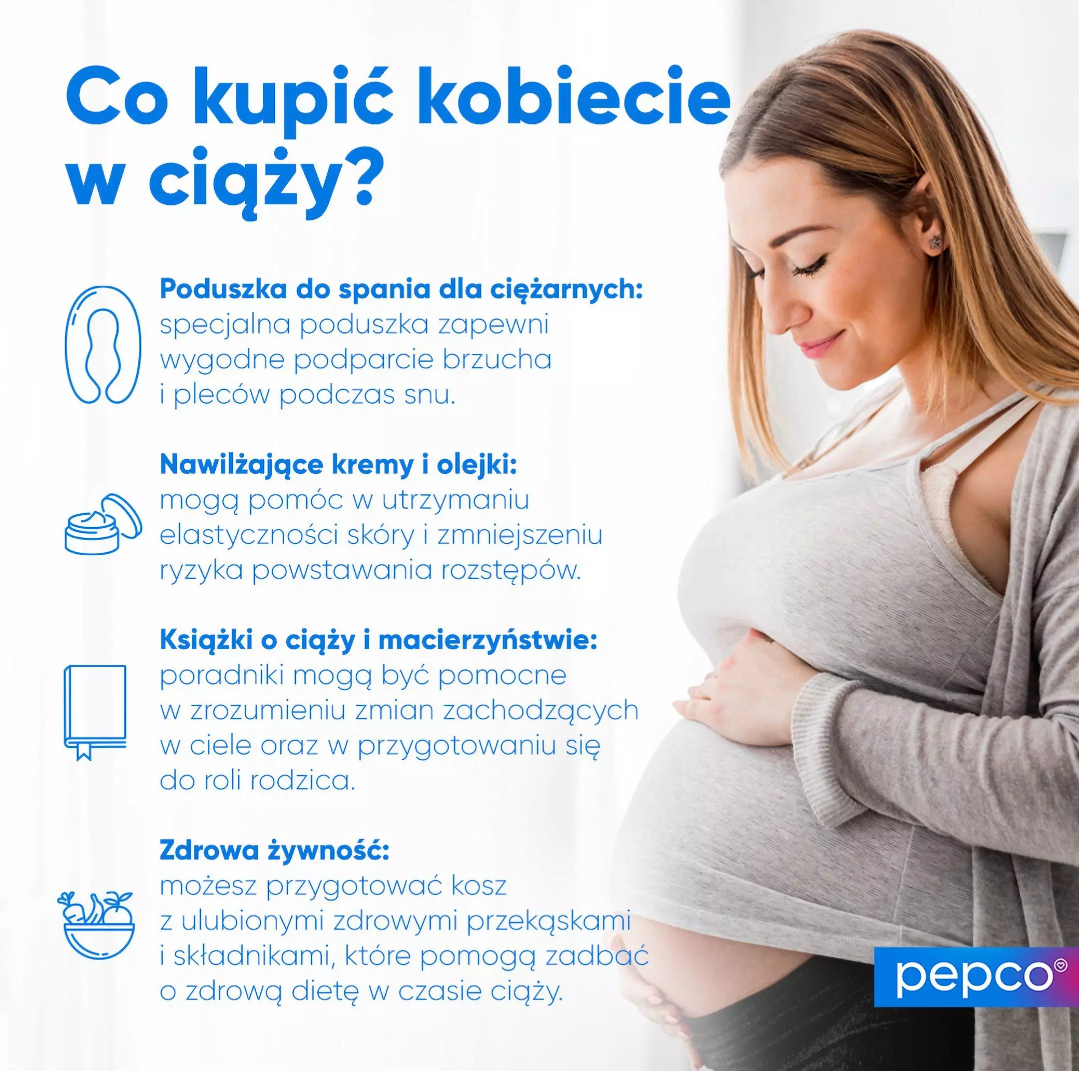 Infografika Pepco przedstawiająca propozycje prezentów dla kobiety w ciąży: poduszka ciążowa, kremy nawilżające, książki i zdrowa żywność.