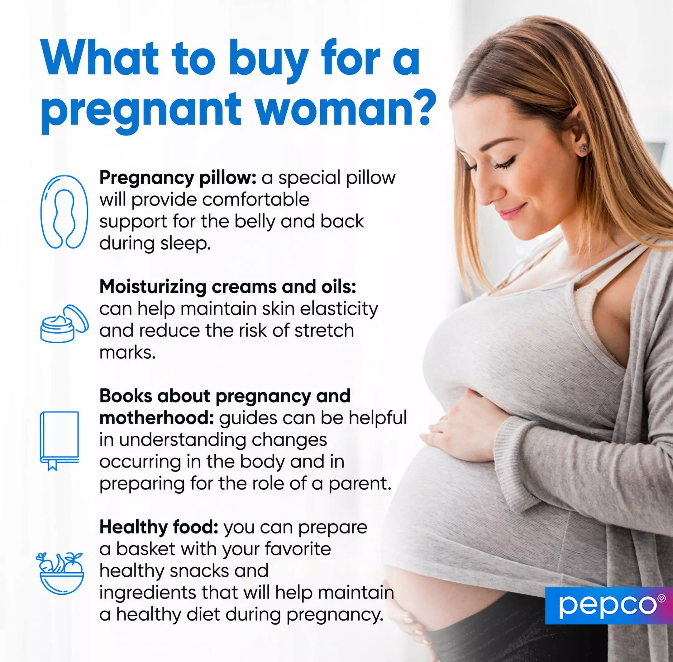 Pepco infographic showing pregnancy gift recommendations including pregnancy pillows, moisturizing creams, books, and healthy food options.