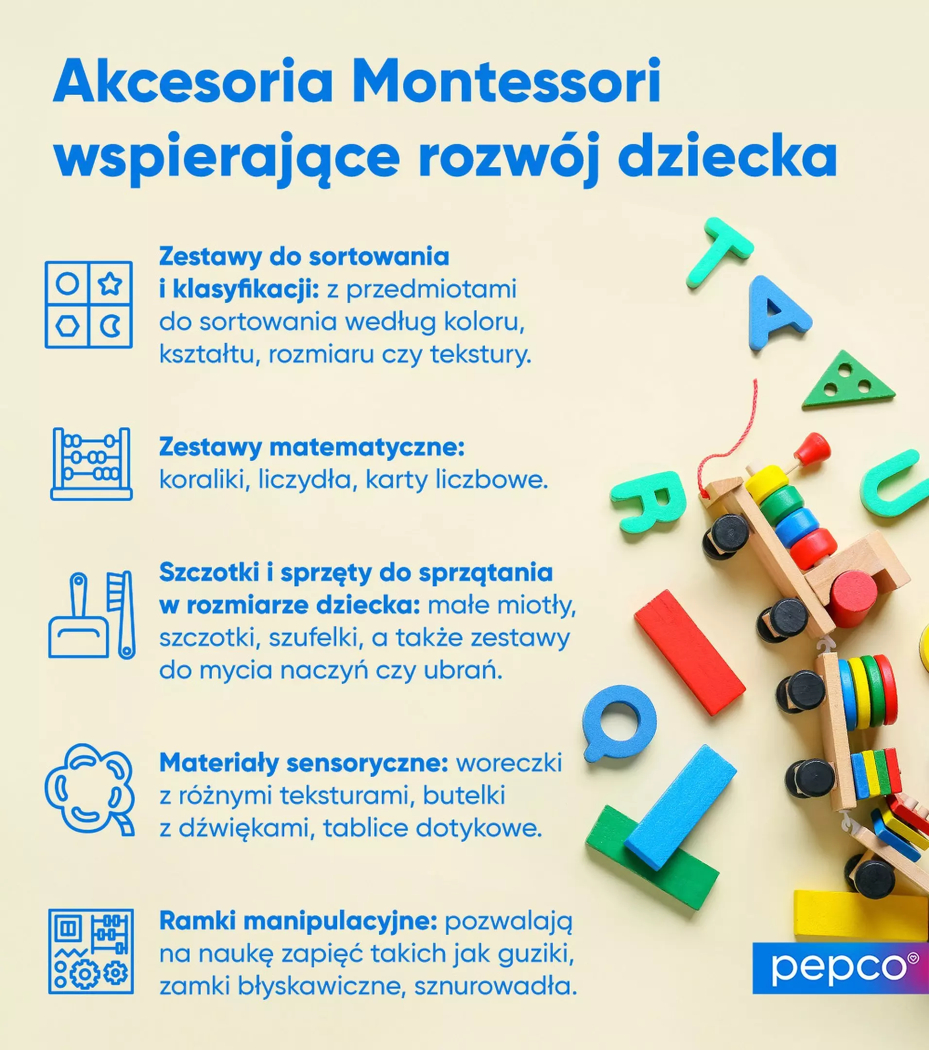Infografika Pepco przedstawiająca akcesoria Montessori wspierające rozwój dziecka, z kolorowymi zabawkami edukacyjnymi.