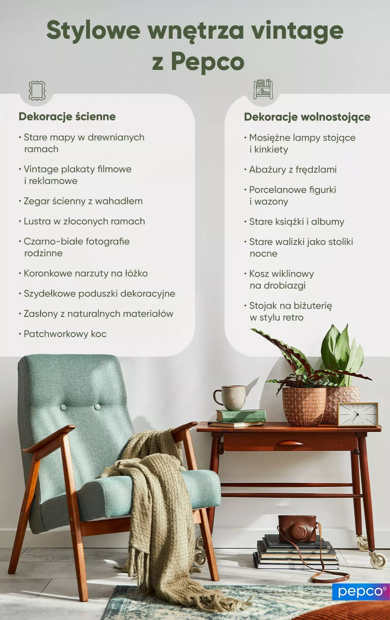 Stylowy vintage fotel Pepco z miętowym obiciem, drewniany stolik z rośliną i dekoracjami oraz lista pomysłów na vintage wystrój wnętrz.