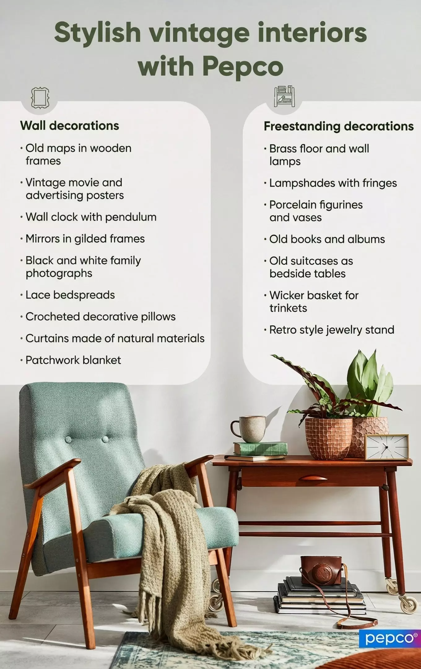 Pepco vintage interior styling guide showing wall and freestanding decoration ideas with a mint armchair and wooden side table display.