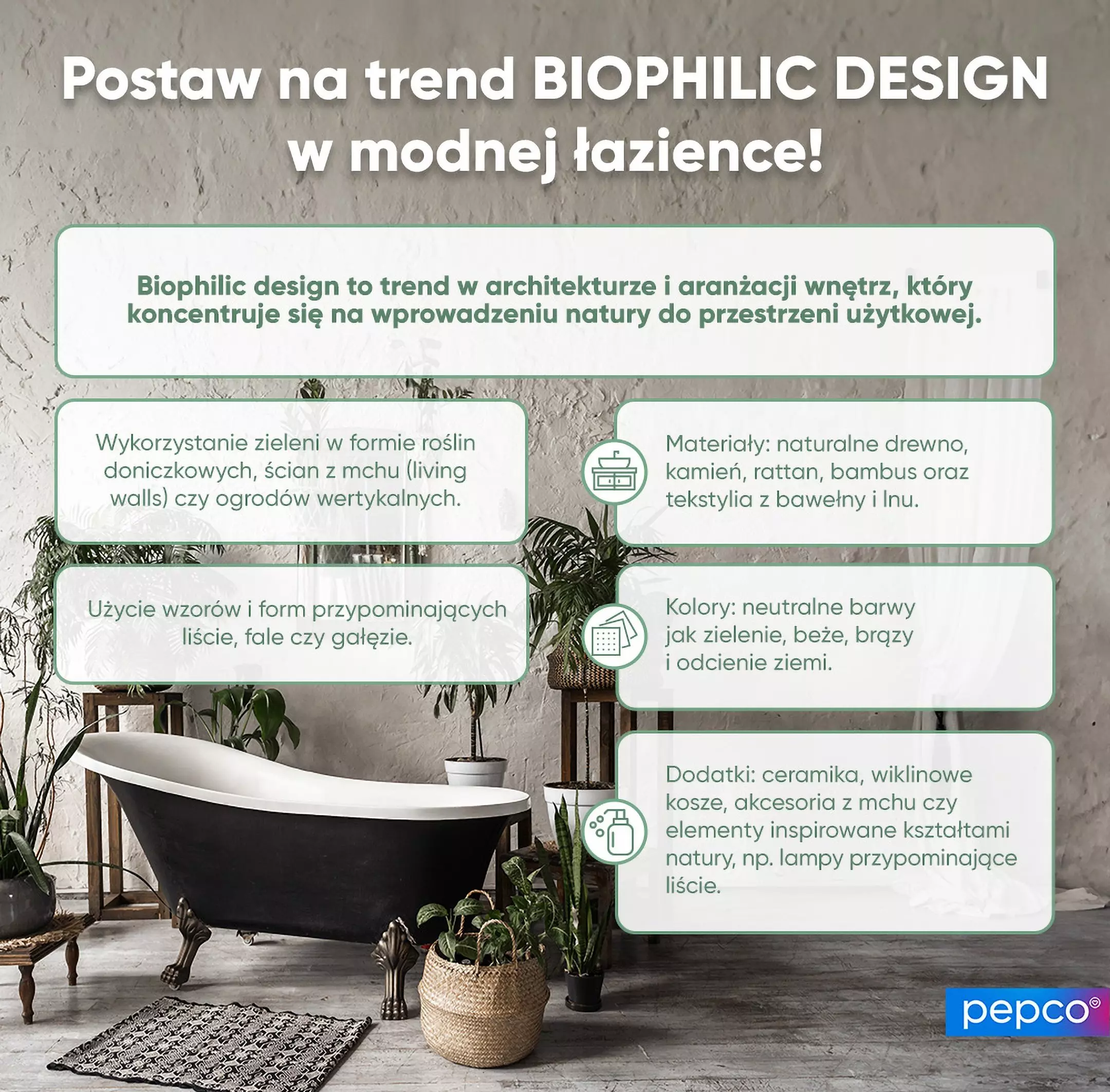 Infografika Pepco przedstawiająca trend biophilic design w łazience z czarną wanną, roślinami i naturalnymi materiałami.