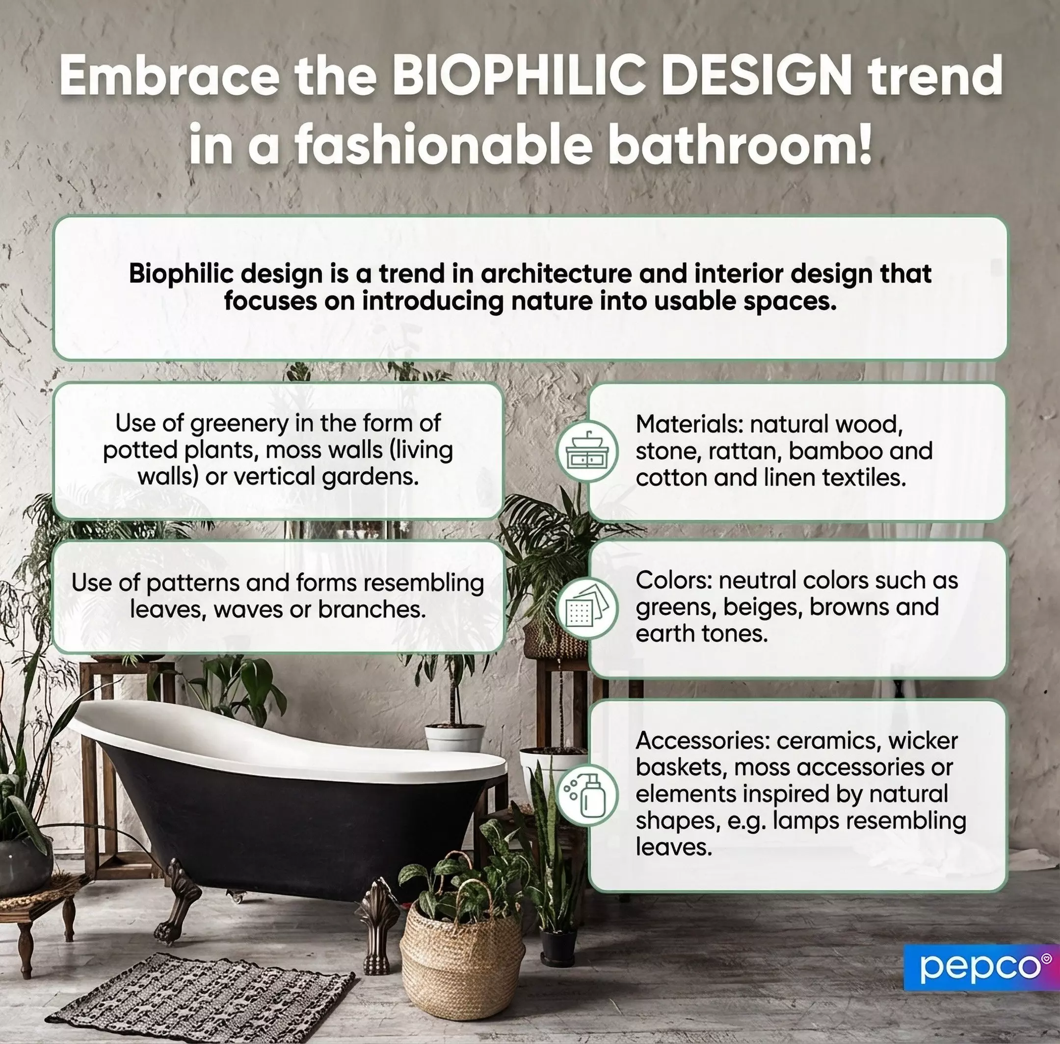 Pepco infographic showing biophilic bathroom design with elegant bathtub surrounded by plants, highlighting natural materials and earthy colors for stylish interiors.