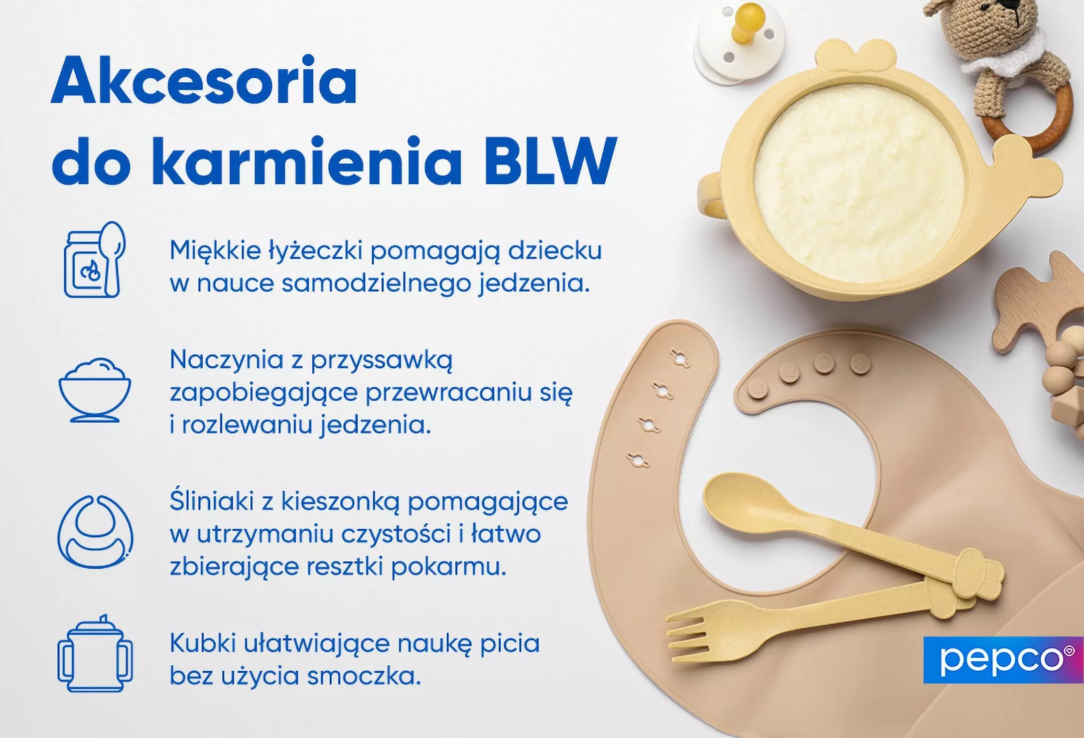 Akcesoria do karmienia Pepco, w tym miseczka, śliniaczek, sztućce i zabawki dla dzieci, z opisem korzyści każdego produktu.
