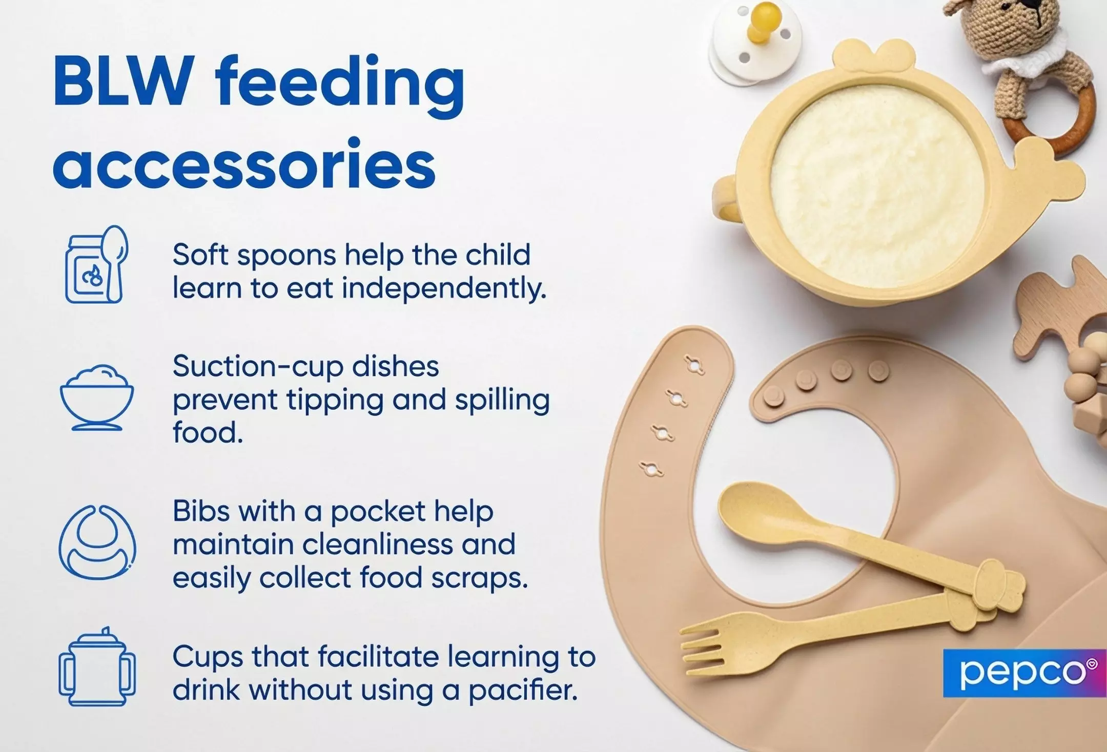 Pepco BLW feeding accessories including animal-shaped plates, silicone bibs, wooden utensils and teethers for baby-led weaning.