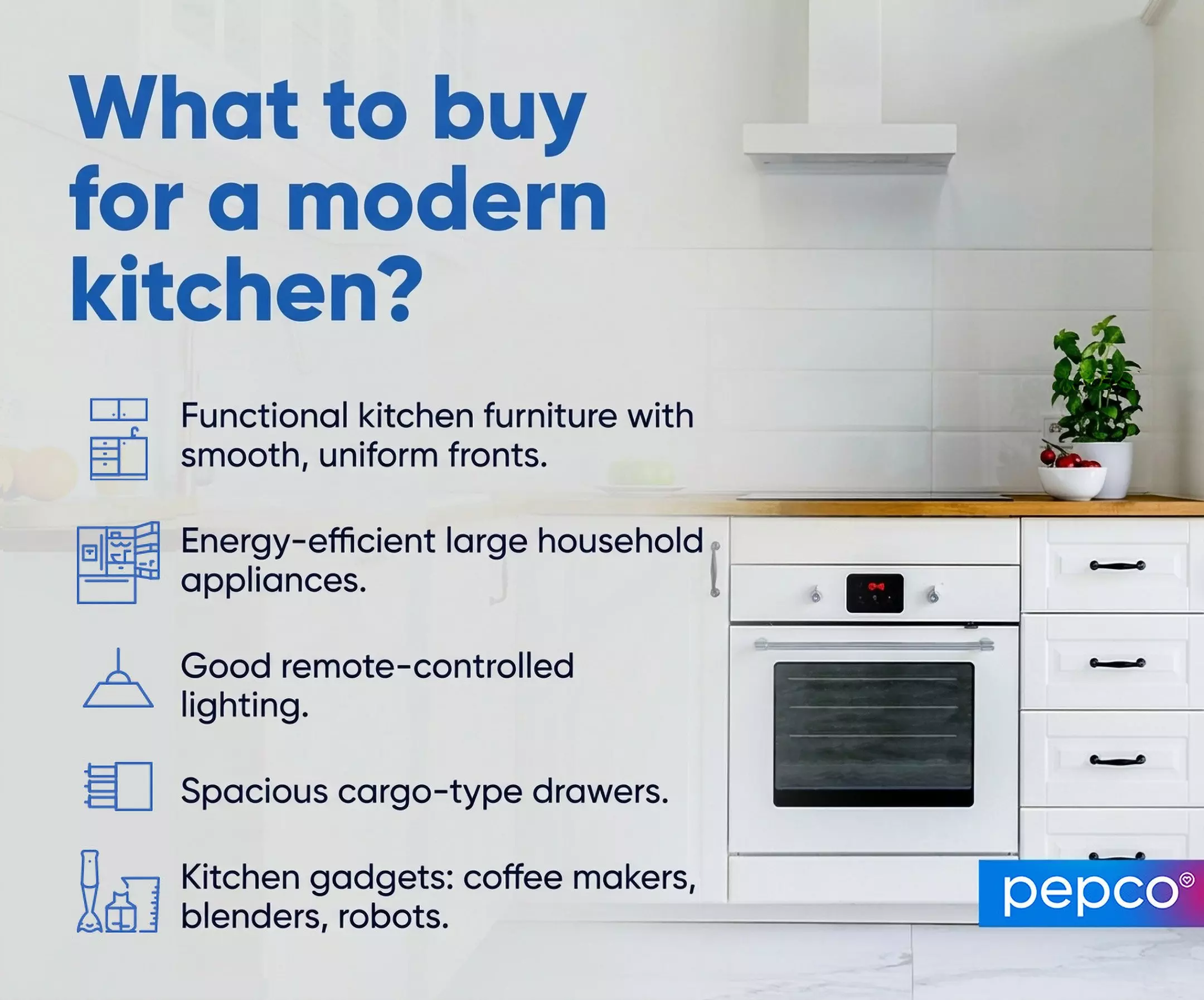 Pepco infographic showing modern kitchen essentials with a white kitchen featuring built-in oven and recommendations for furniture and appliances.
