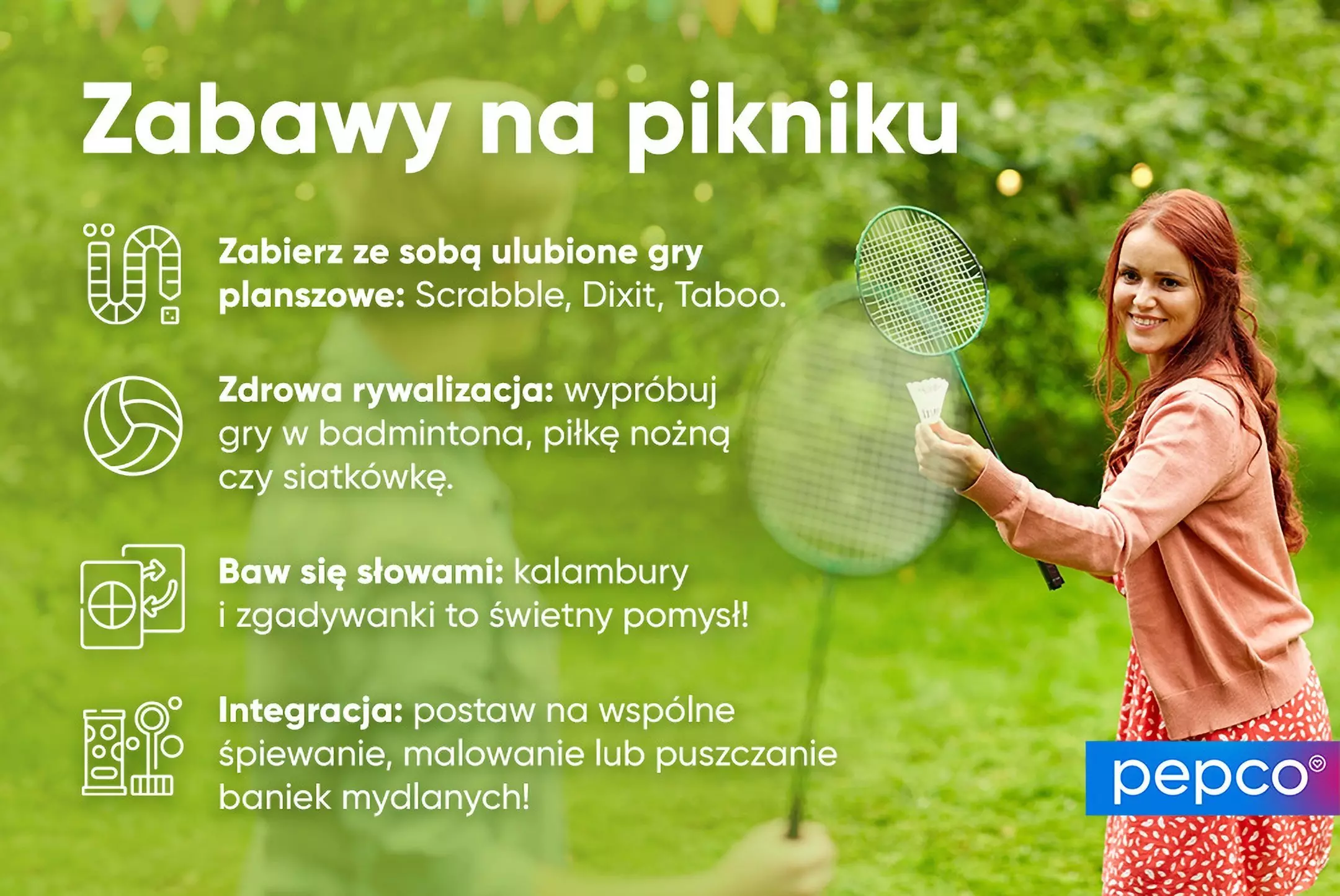 Pepco reklama piknikowa z kobietą grającą w badmintona i listą aktywności: gry planszowe, sporty i zabawy integracyjne.