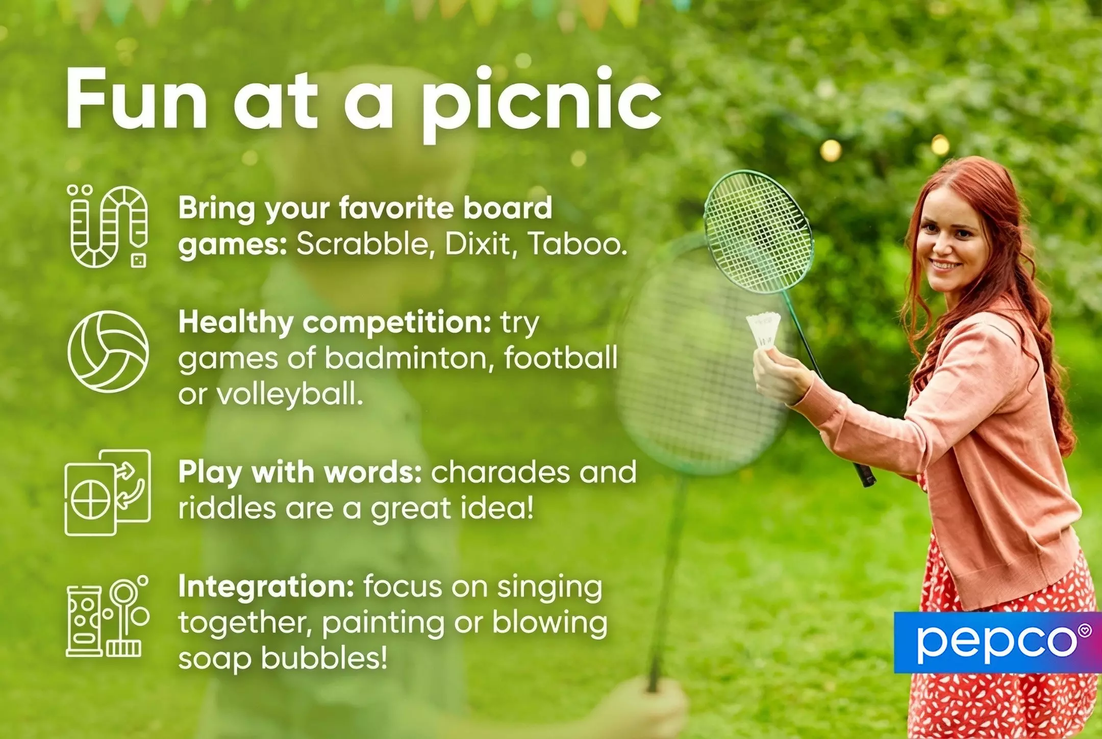 Pepco reklamni plakat za piknik aktivnosti s osobom koja drži badminton reket, prikazujući društvene igre i sportske opcije.