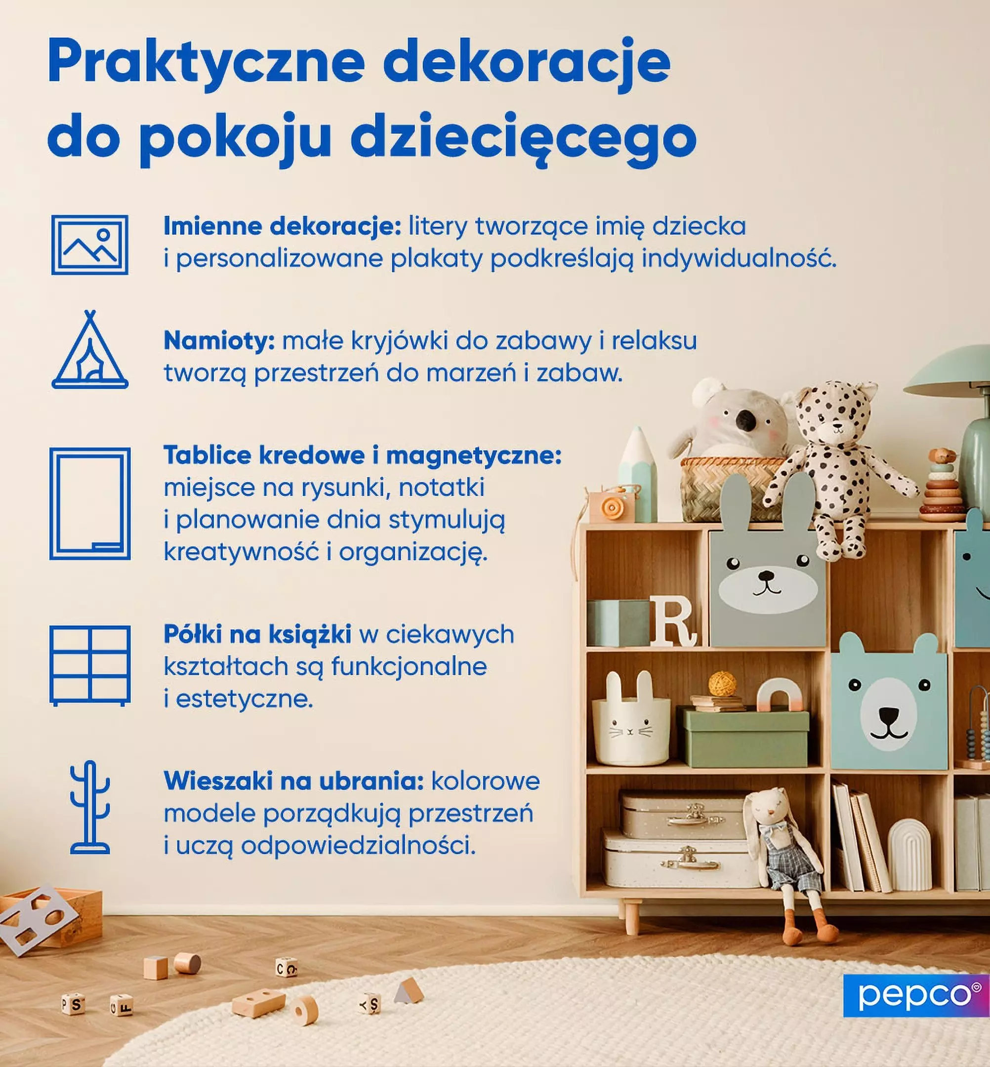 Pepco infografika pokazująca praktyczne dekoracje do pokoju dziecięcego z regałem z zabawkami i opisem elementów wystroju.