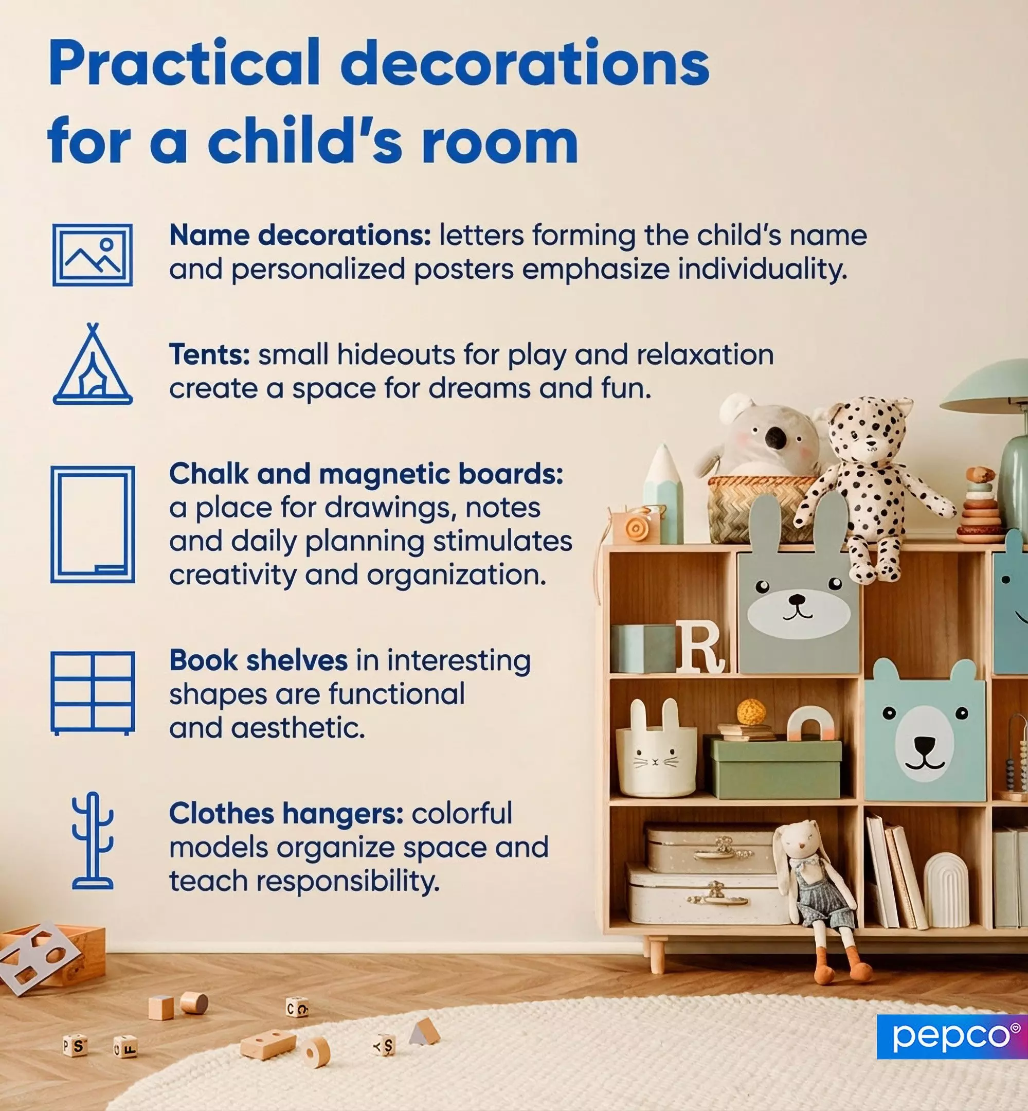 Pepco infographic showing practical children's room decoration ideas with storage shelves, stuffed toys and decorative elements displayed.