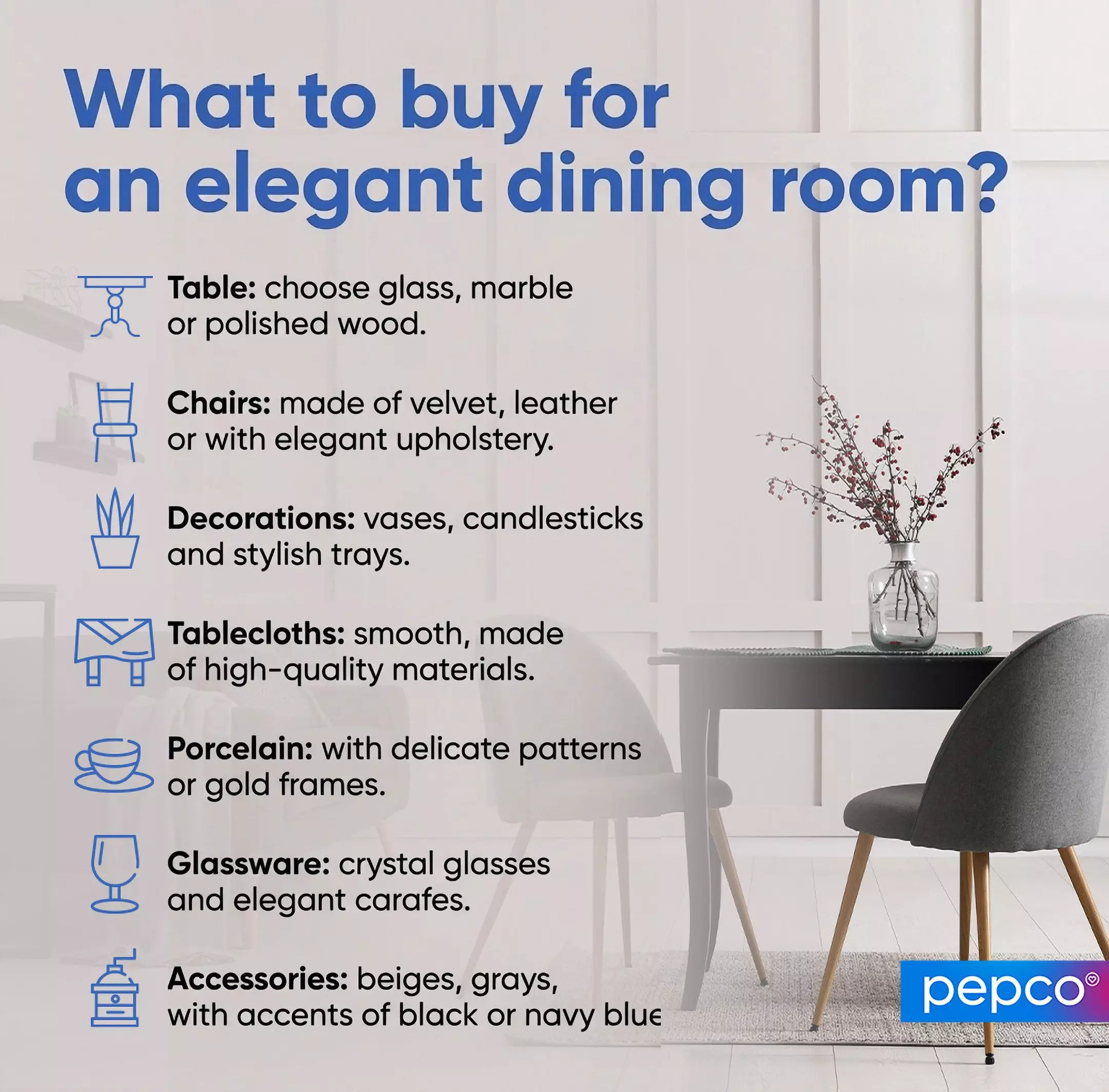 Pepco guide showing elegant dining room essentials with icons and tips for tables, chairs, decorations, and accessories against a stylish interior setting.