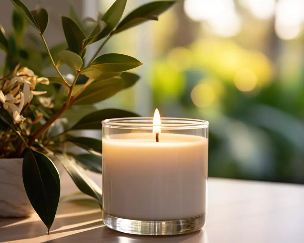 Zapalona biała świeca zapachowa Pepco w szklanym pojemniku obok doniczki z zieloną rośliną na jasnym tle.