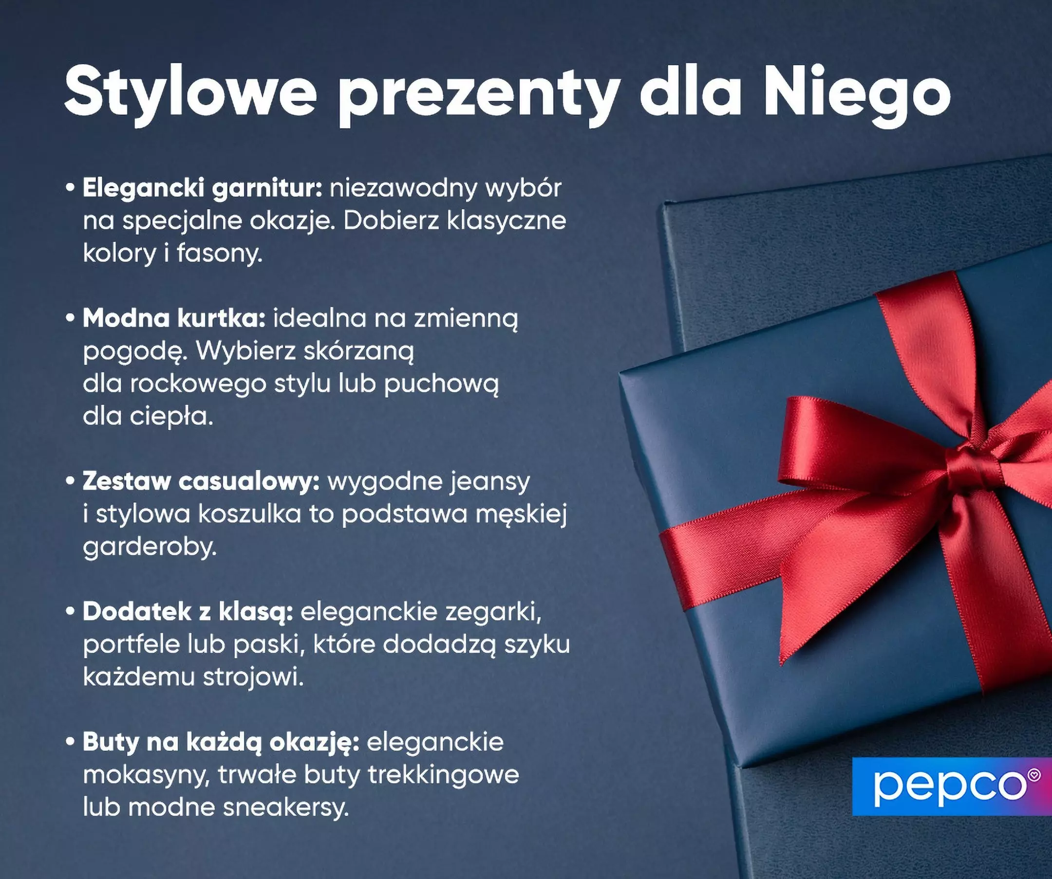 Granatowe pudełko prezentowe z czerwoną wstążką obok listy stylowych prezentów dla mężczyzn od Pepco, w tym garnitury, kurtki i dodatki.