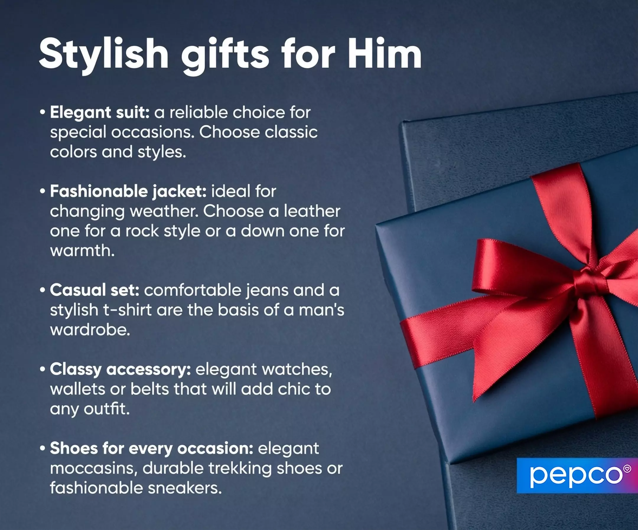Pepco promotional image showing stylish gift ideas for men with a blue gift box tied with red ribbon alongside gift suggestions.