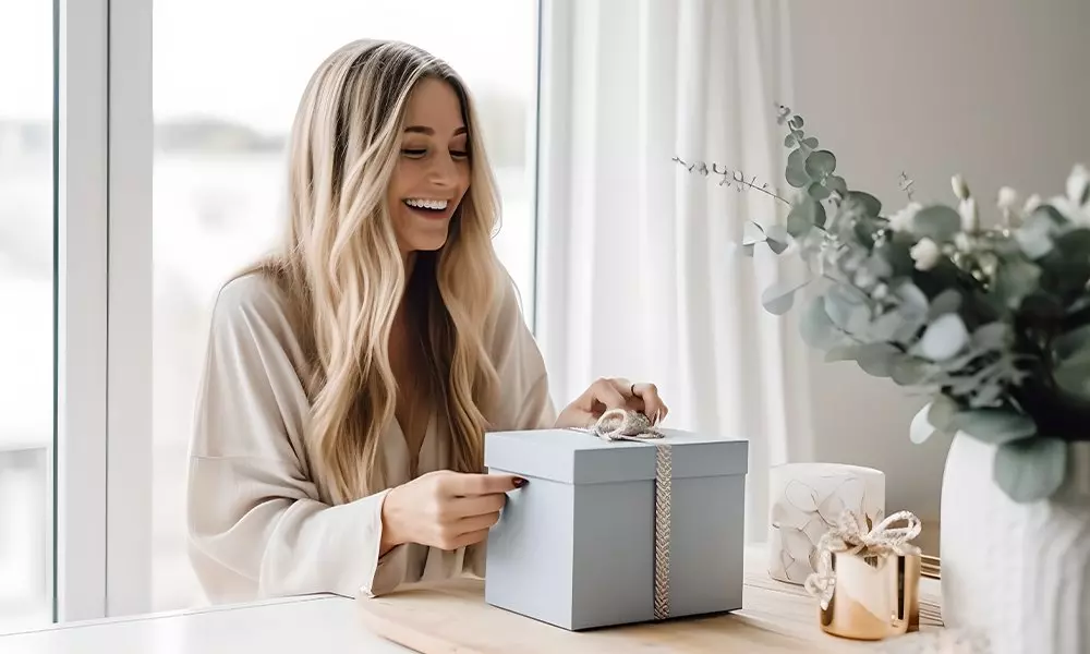 Uśmiechnięta osoba w jasnej bluzce otwierająca błękitne pudełko prezentowe od Pepco przy stole z dekoracjami i kwiatami.
