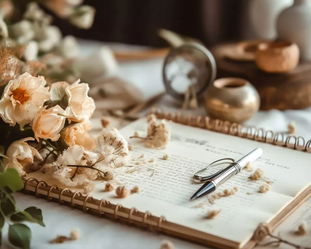 Otevřený zápisník s perem od Pepco, ozdobený meruňkovými květy a sušenými rostlinami, v útulném domácím prostředí.