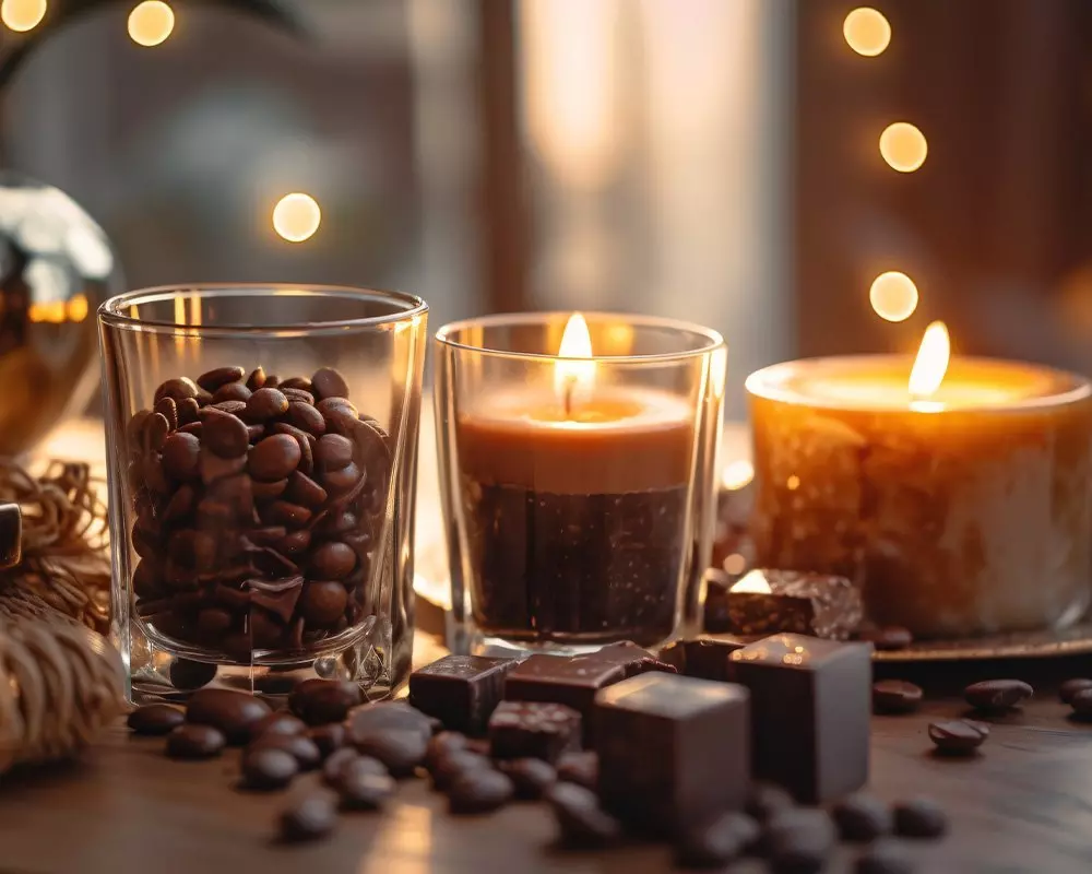 Pepco świeczki zapachowe o aromacie kawy z ziarnami kawy i czekoladowymi kostkami, w przytulnej atmosferze z ciepłymi światełkami.