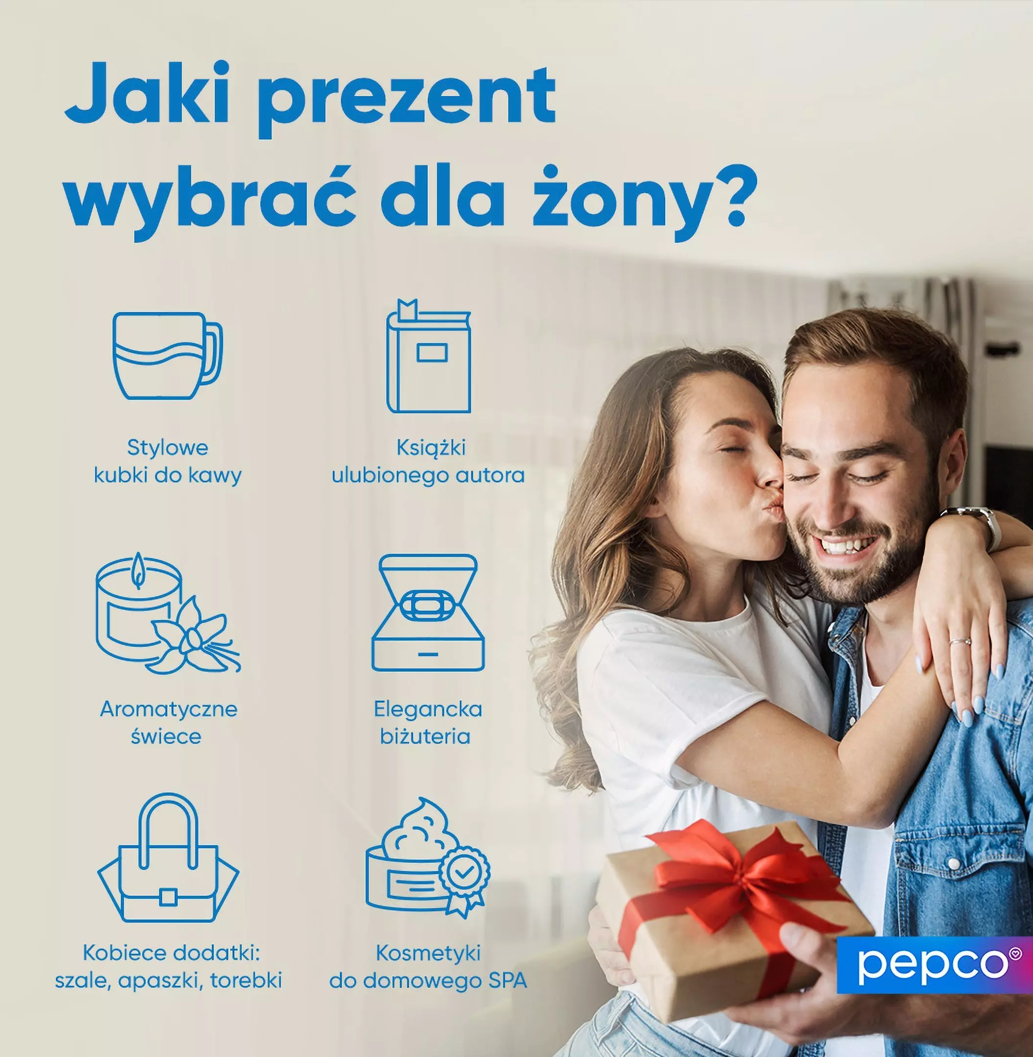 Reklama Pepco przedstawiająca propozycje prezentów dla żony: kubki, książki, świece, biżuterię, akcesoria i kosmetyki.