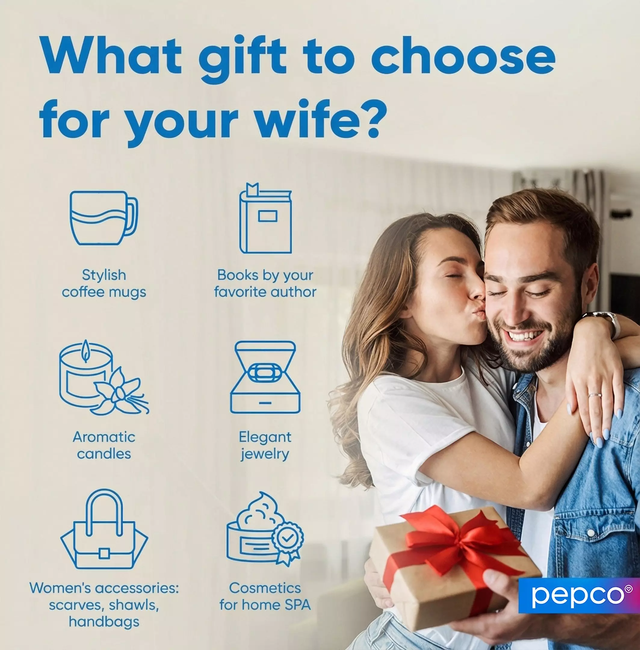 Pepco promotional image showing gift ideas for wives with icons for coffee mugs, books, candles, jewelry, accessories and cosmetics.