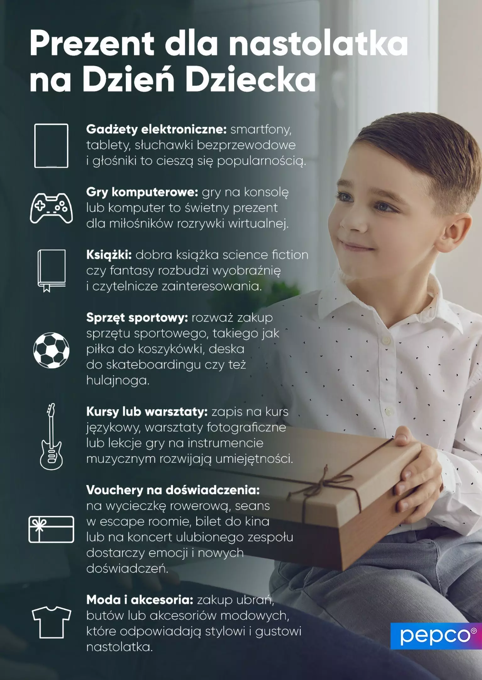 Pepco infografika prezentująca pomysły na prezenty dla nastolatka na Dzień Dziecka, z chłopcem trzymającym zapakowany prezent.