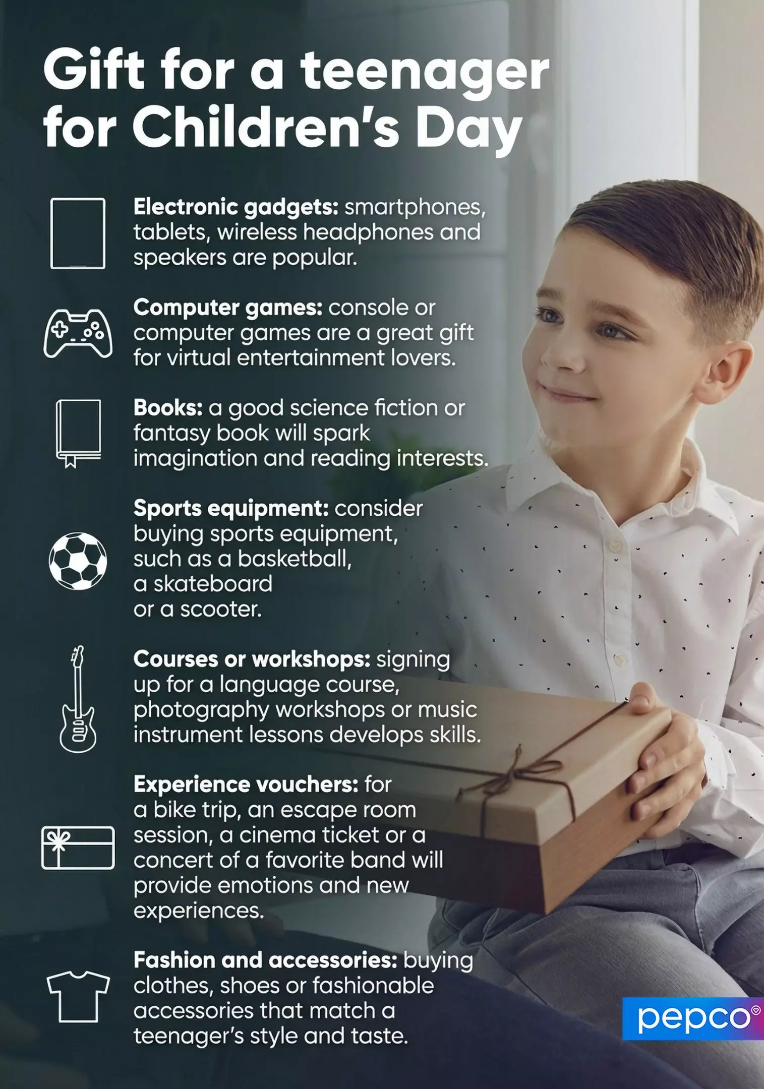 Pepco gift guide for teenagers on Children's Day featuring a young boy holding a wrapped present, with various gift ideas listed.