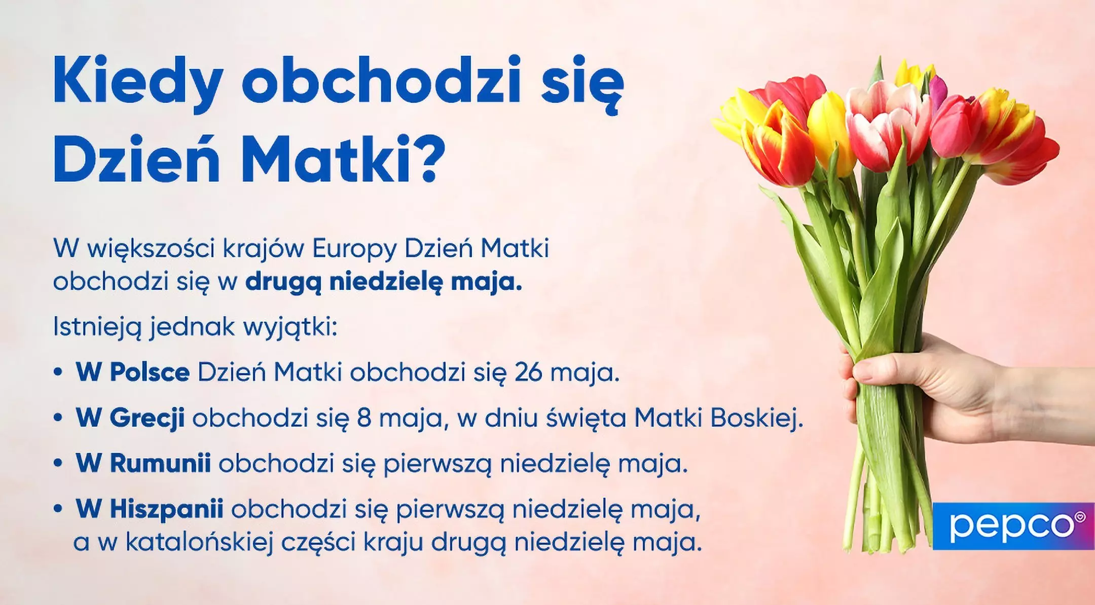 Grafika Pepco z bukietem kolorowych tulipanów i informacją o datach obchodzenia Dnia Matki w różnych krajach europejskich.