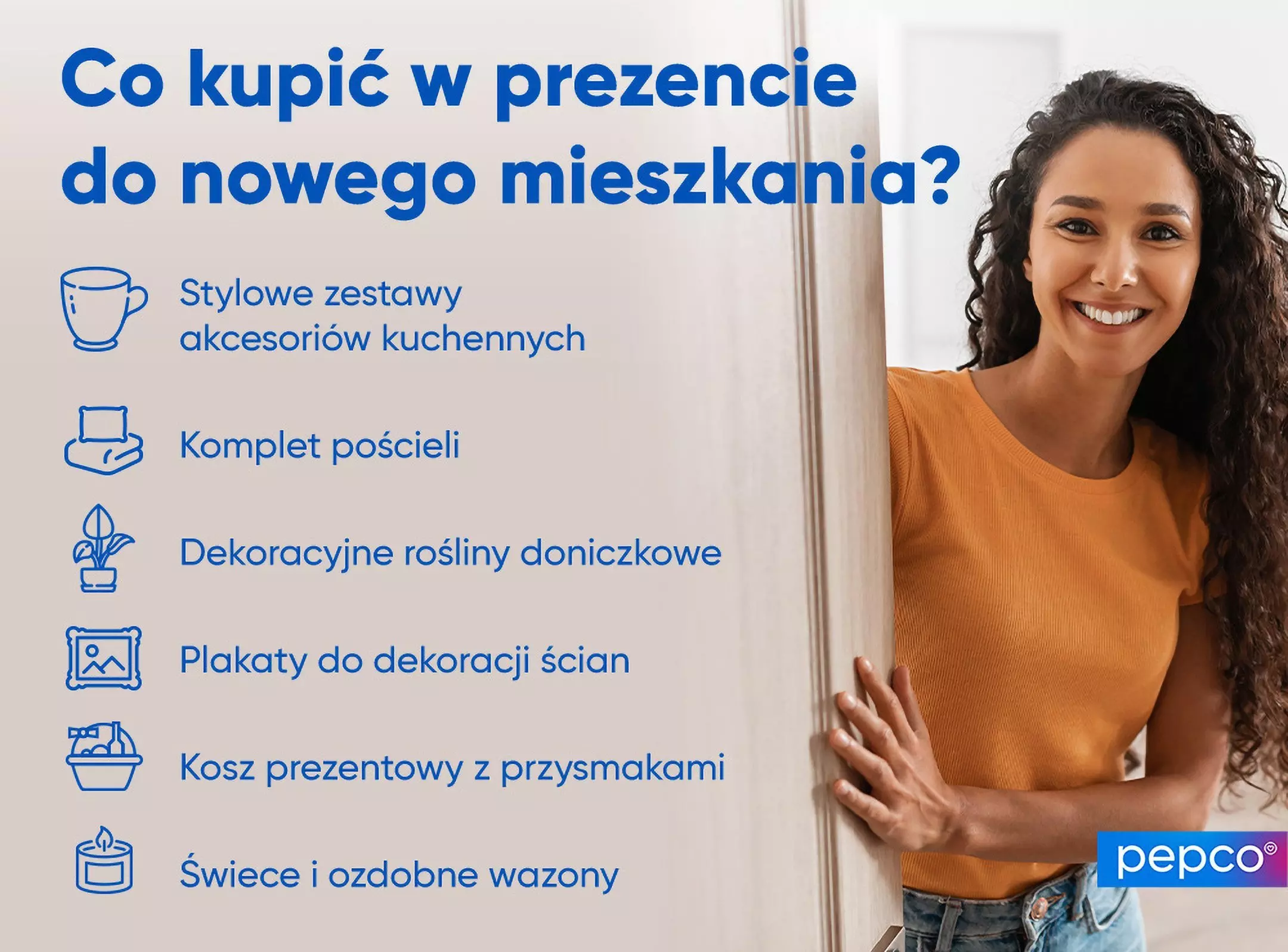 Pepco advertisement showing housewarming gift ideas including kitchen accessories, bedding, plants, wall decor, and candles.