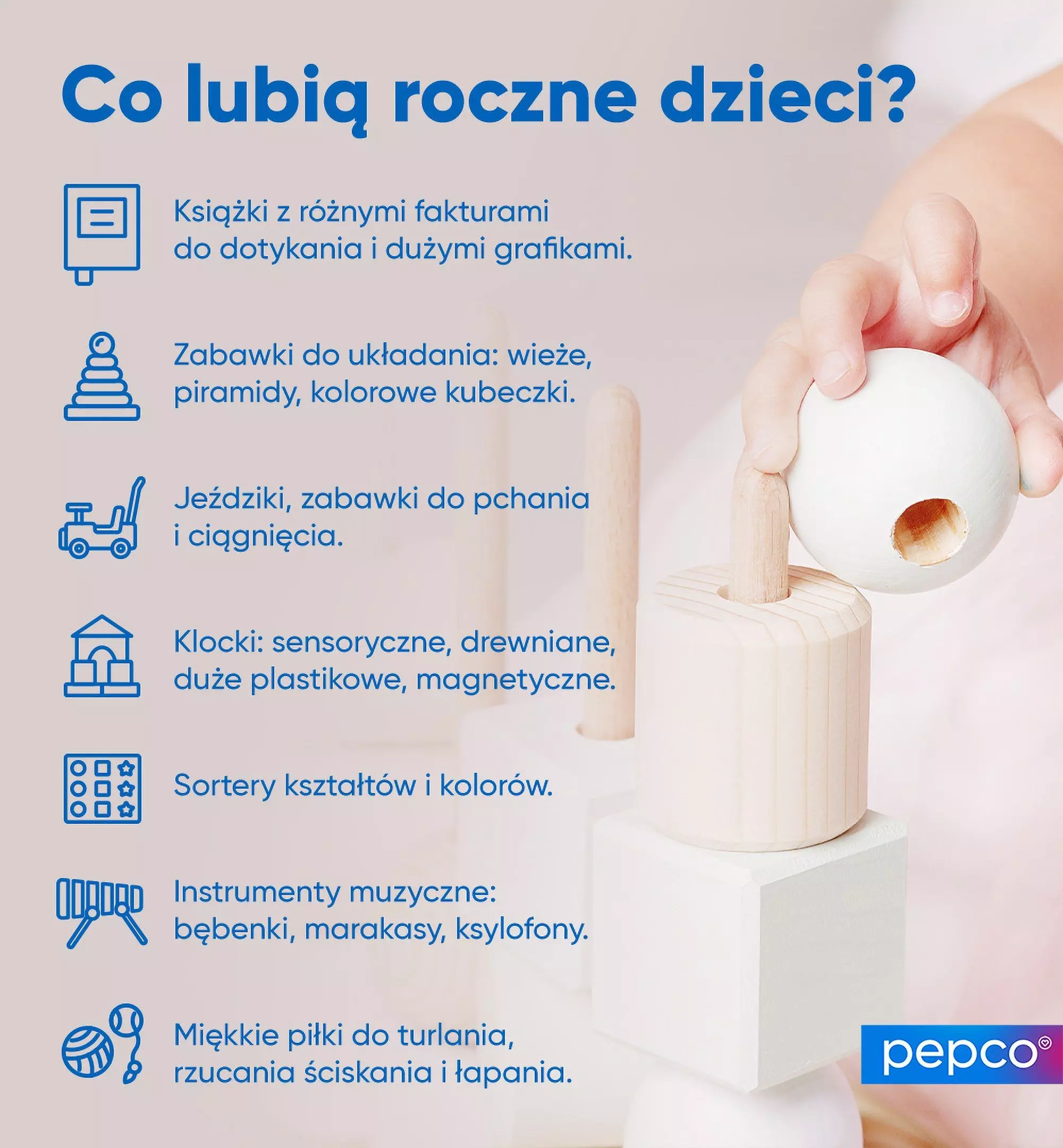 Infografika Pepco przedstawiająca zabawki lubiane przez roczne dzieci, z drewnianą zabawką sensoryczną i listą produktów z ikonami.