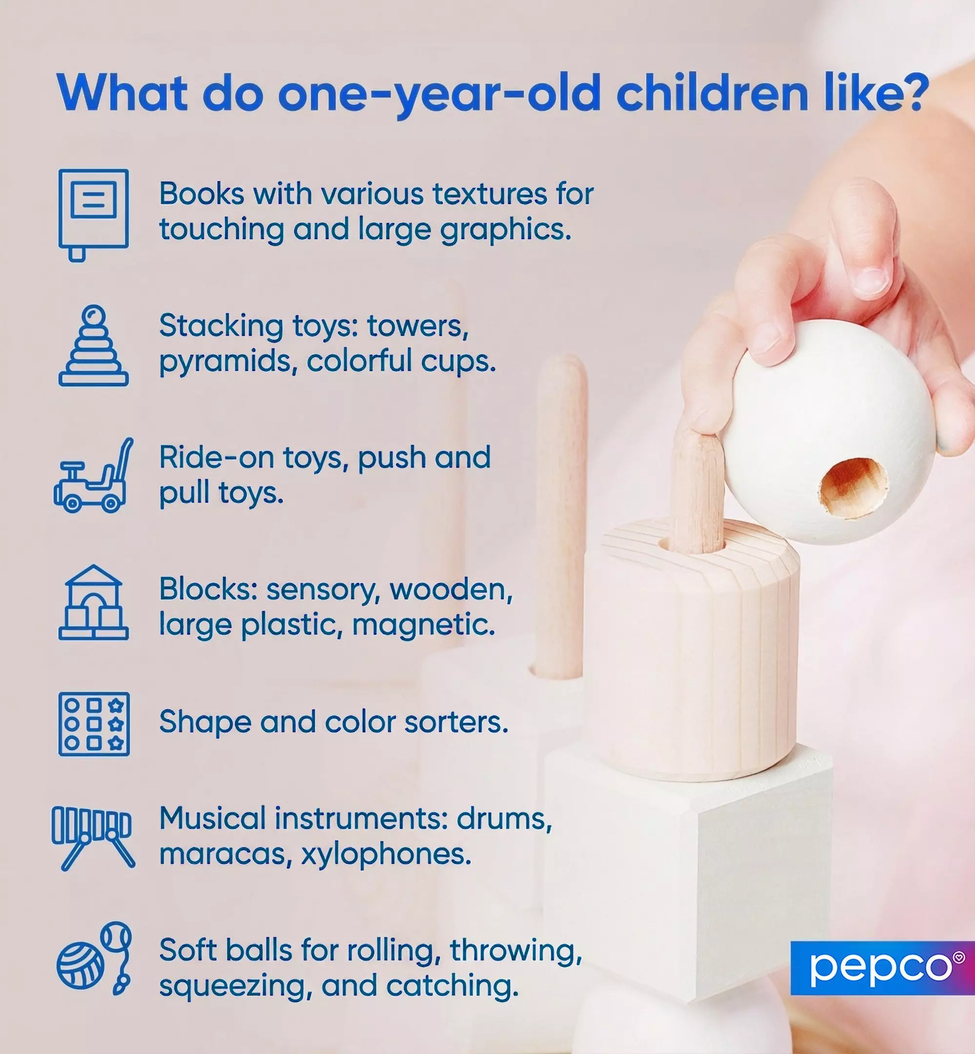 Pepco infographic showing what one-year-old children like, featuring toy categories with icons and a wooden sensory toy demonstration.