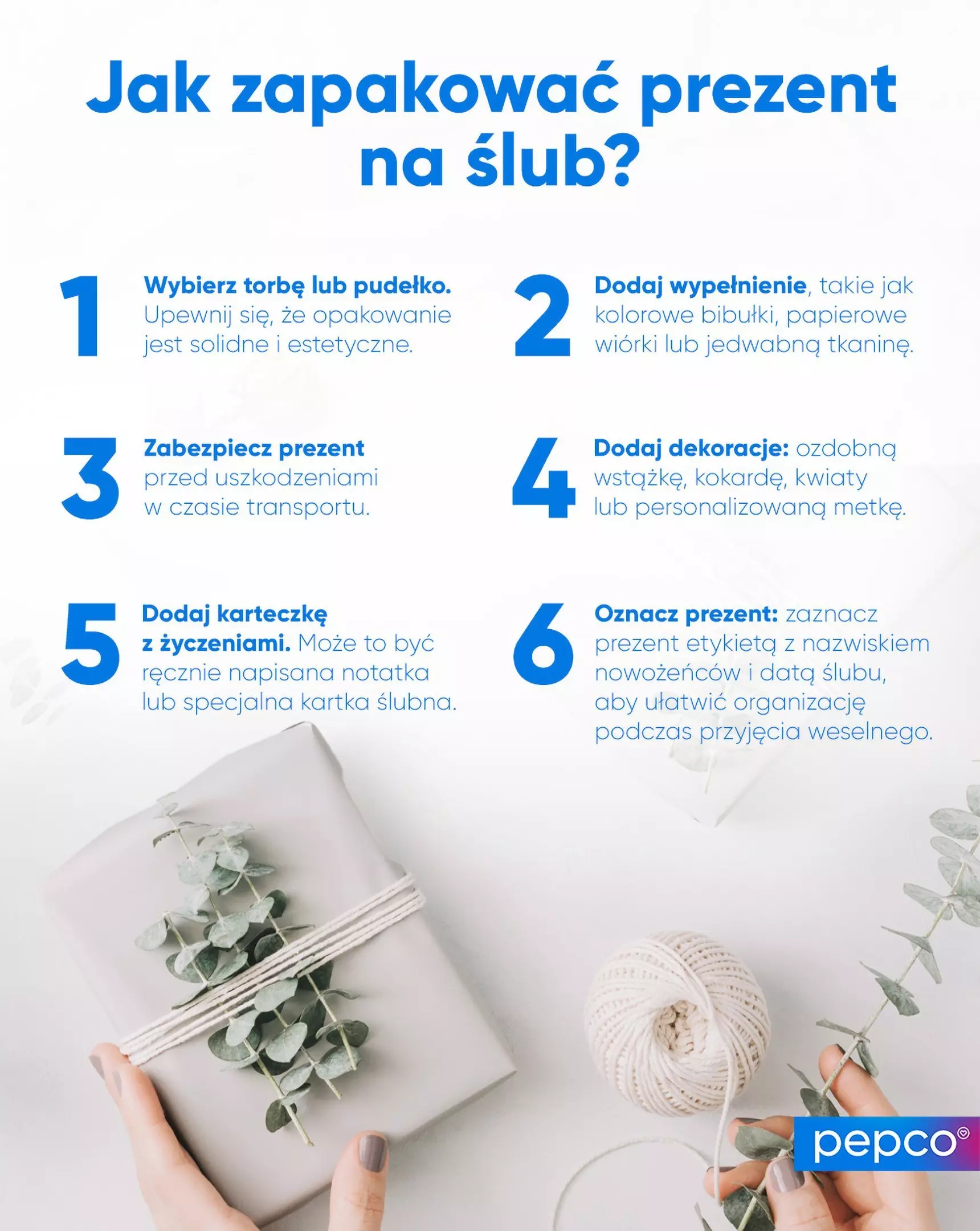 Infografika Pepco przedstawiająca 6 kroków jak zapakować prezent ślubny, z elegancko opakowanym pudełkiem i sznurkiem.