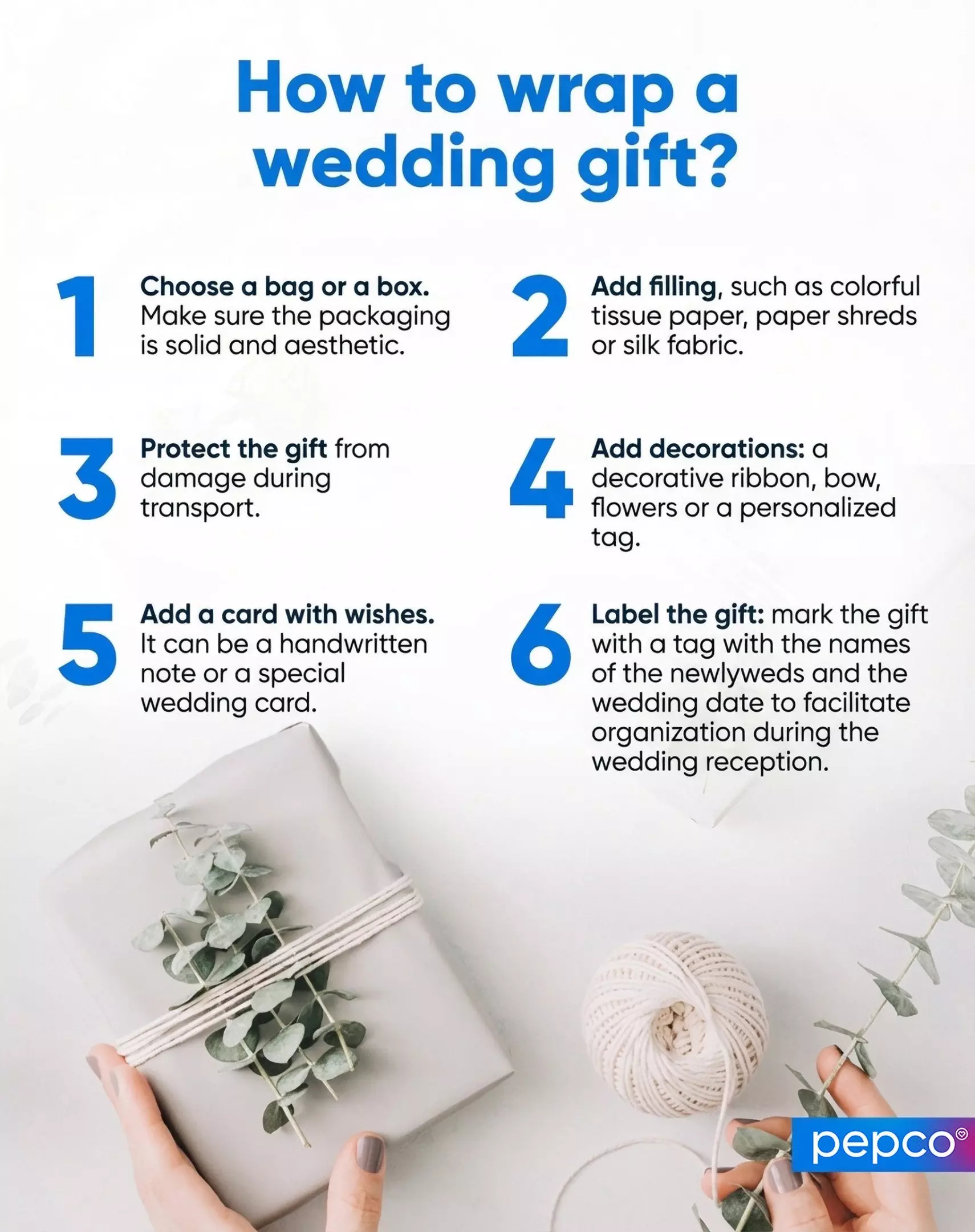 Pepco infographic showing six steps for wrapping wedding gifts, with an elegantly wrapped package and twine shown below.
