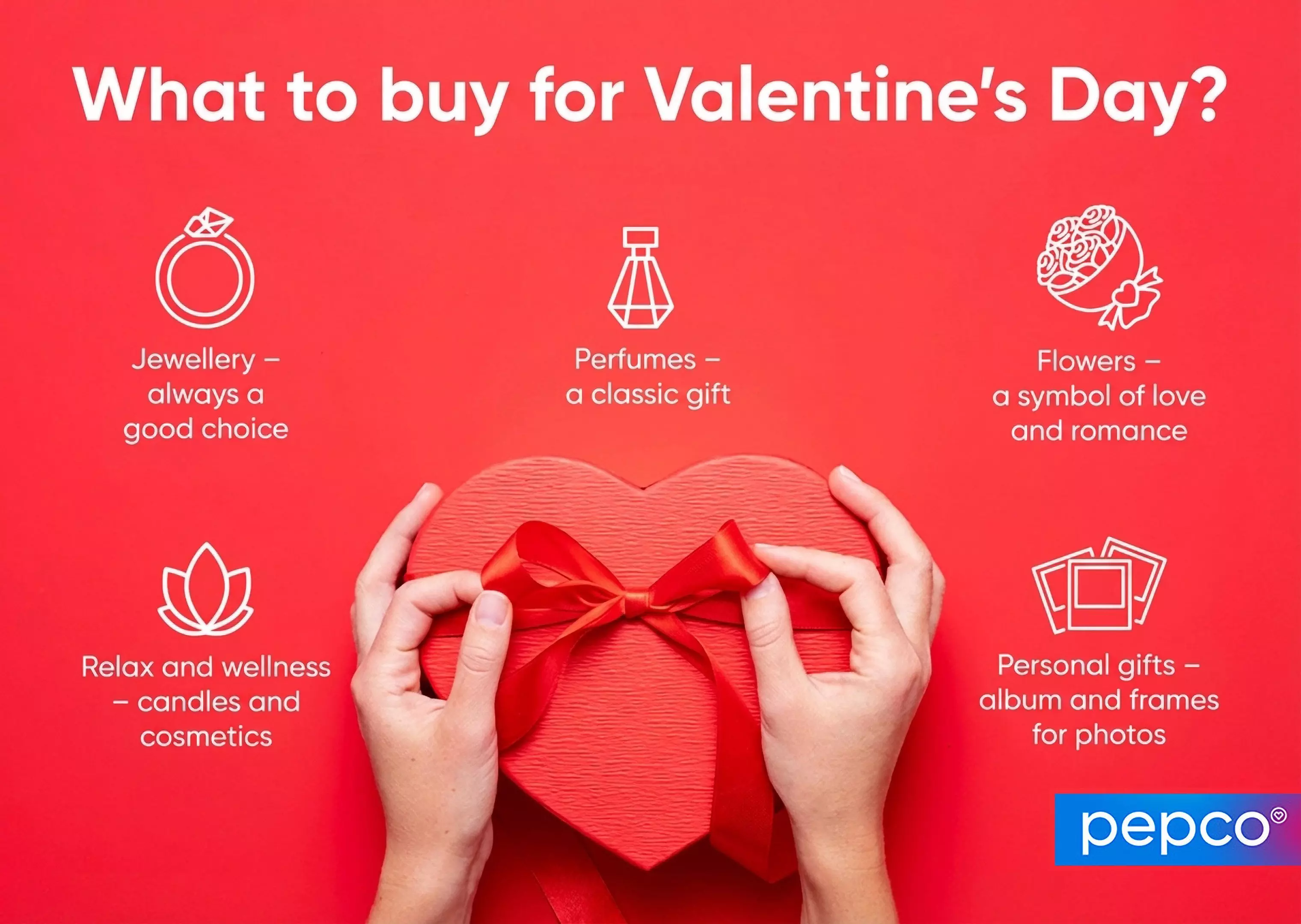 Pepco Valentine's Day gift guide featuring hands holding a heart-shaped box with gift ideas including jewelry, perfumes, flowers, candles and photo frames.