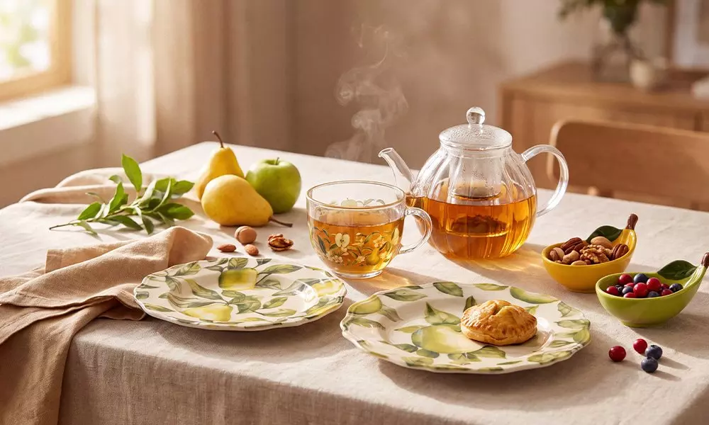 Pepco lemon-patterned plates, glass teapot and cup with steaming tea, fresh fruit and pastries on a sunlit table.