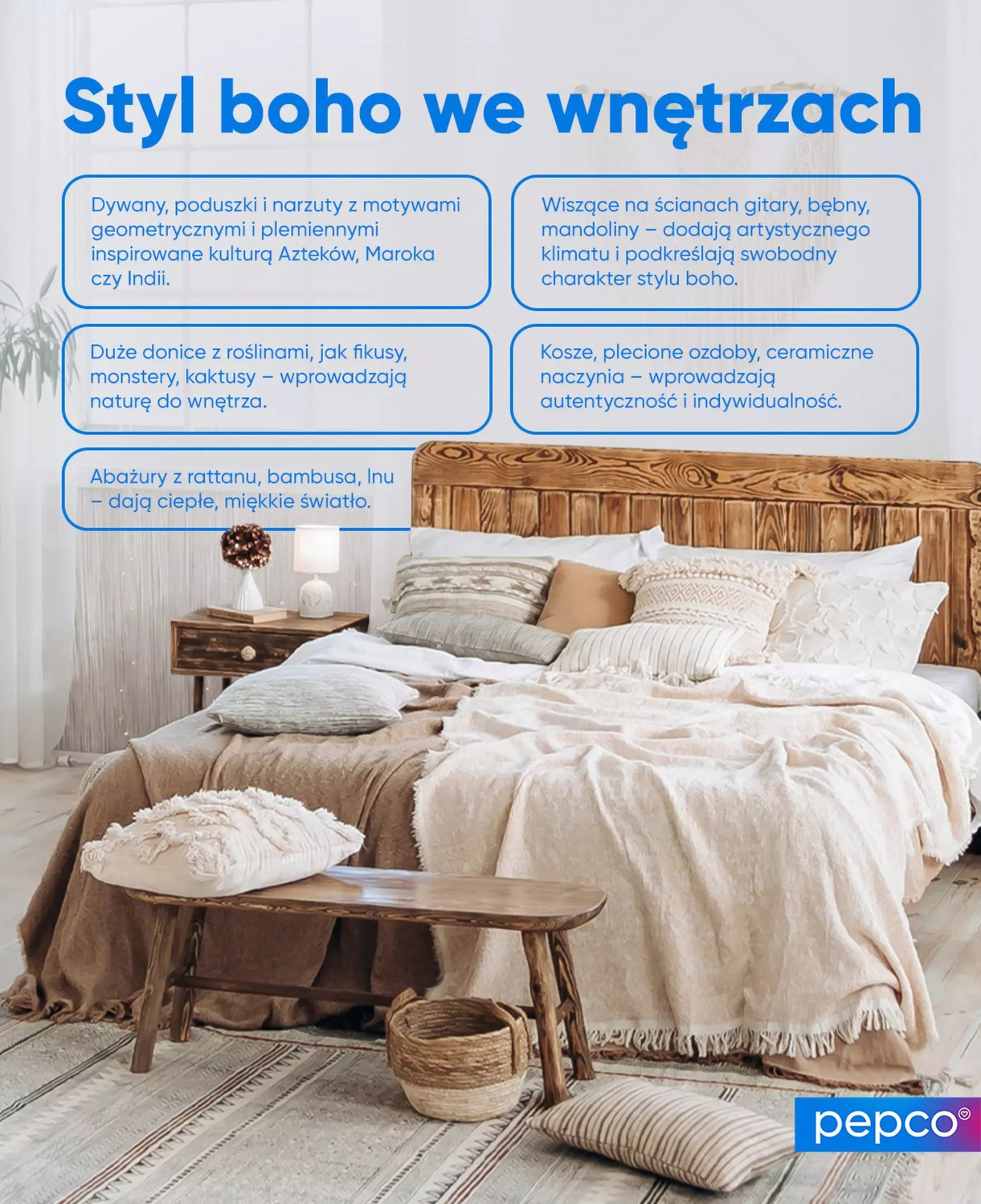 Przytulna sypialnia w stylu boho z drewnianym łóżkiem, beżową pościelą i poduszkami, prezentująca elementy wystroju dostępne w Pepco.