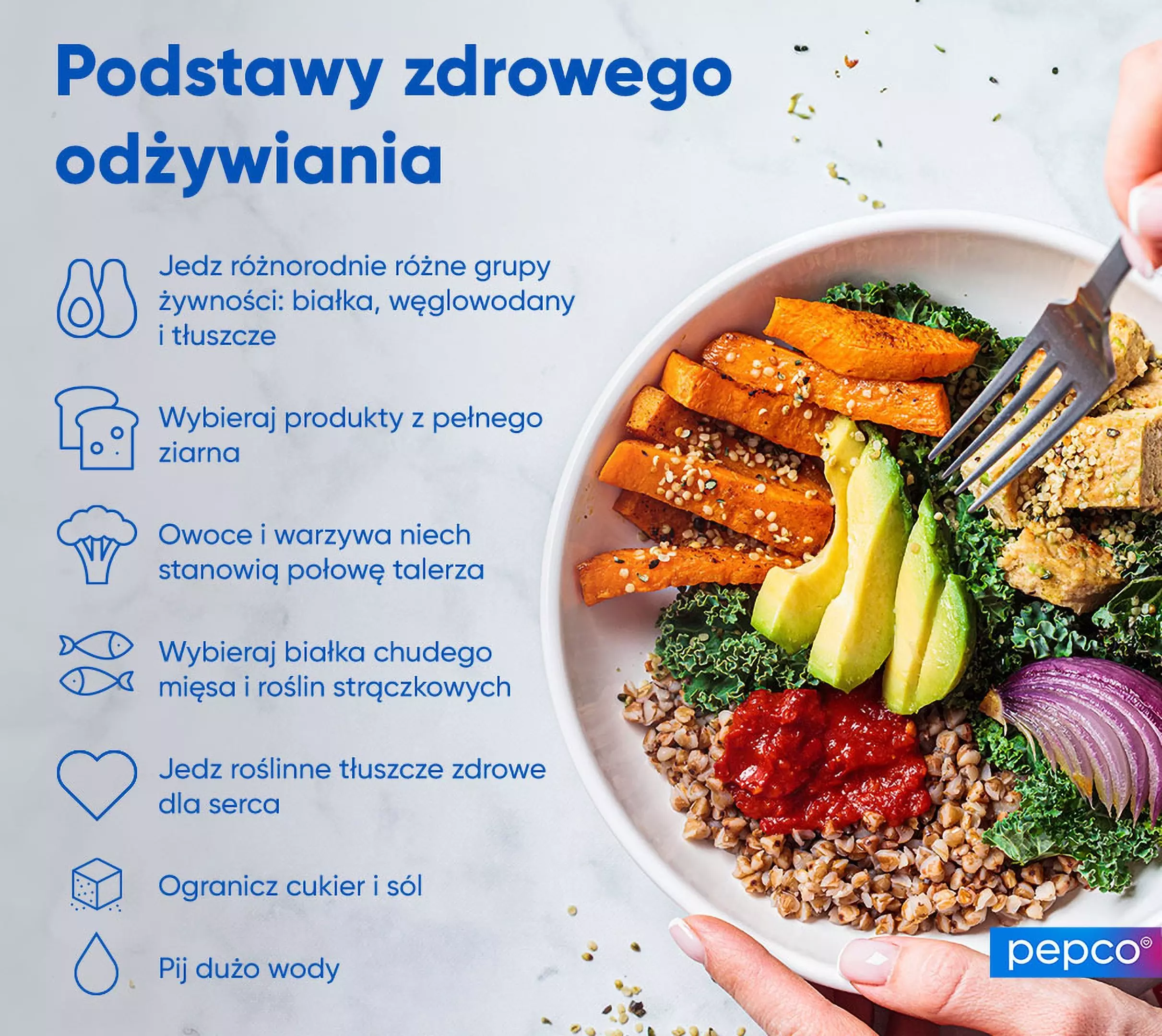 Pepco plakat z zasadami zdrowego odżywiania i miską pełną kolorowych warzyw, kasz i awokado z widelcem.