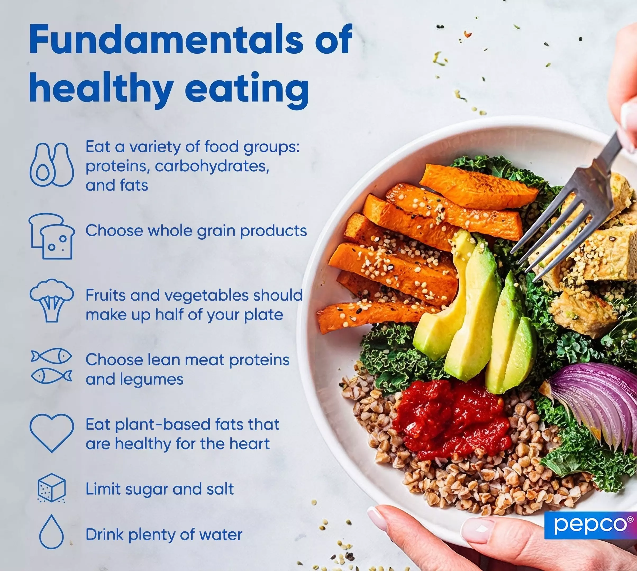 Pepco healthy eating guide showing a balanced meal bowl with vegetables, grains and proteins alongside fundamental nutrition principles.