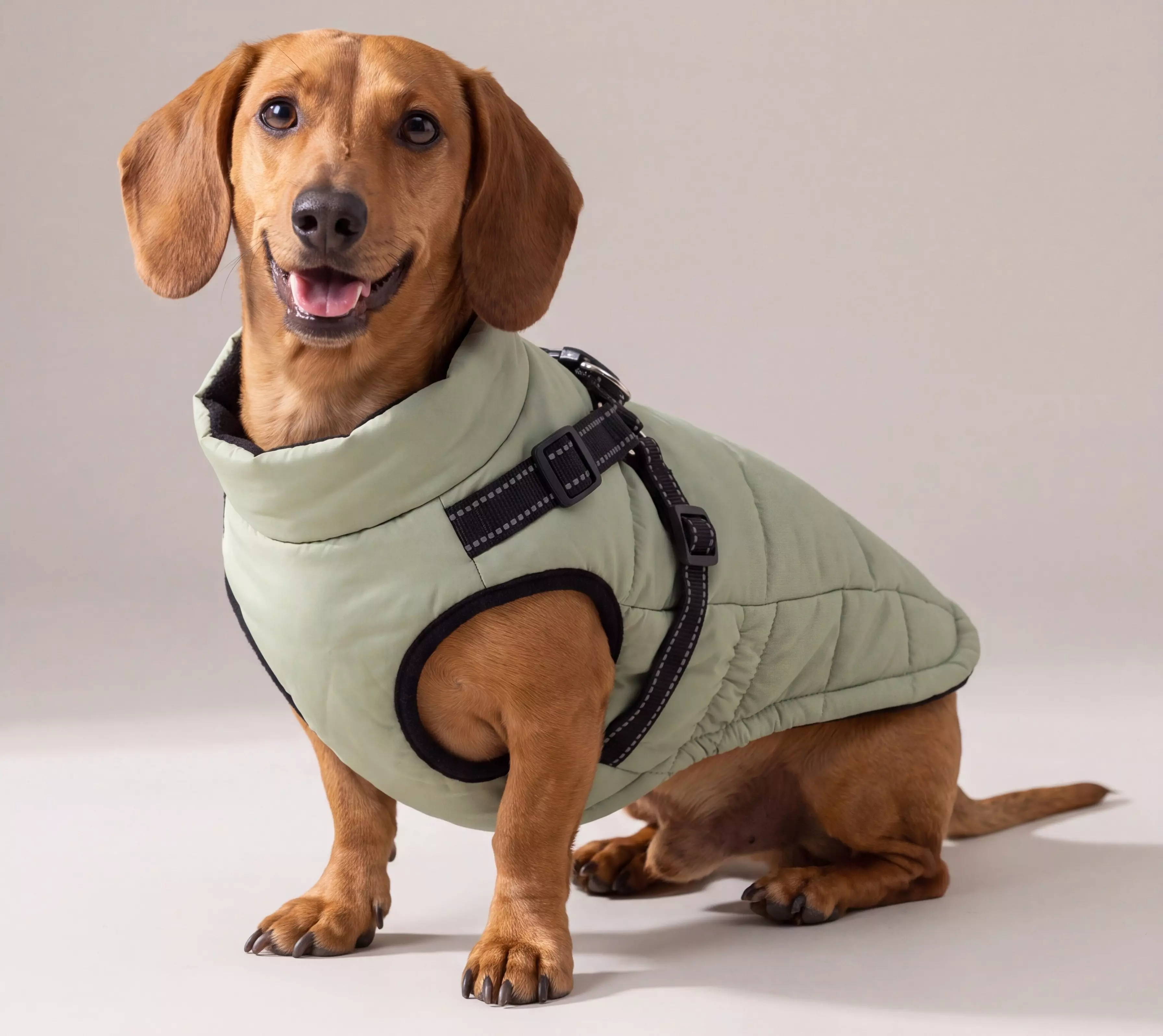 Pepco dachshund wearing a quilted sage green dog coat with black harness straps.