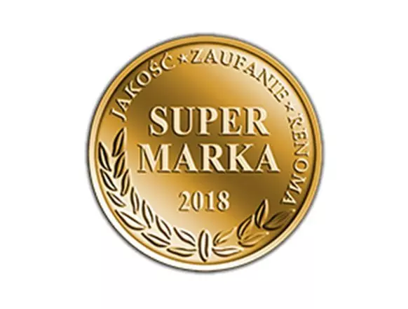 Gold Super Marka 2018 award medal featuring laurel leaves, recognizing Pepco for quality and consumer trust.