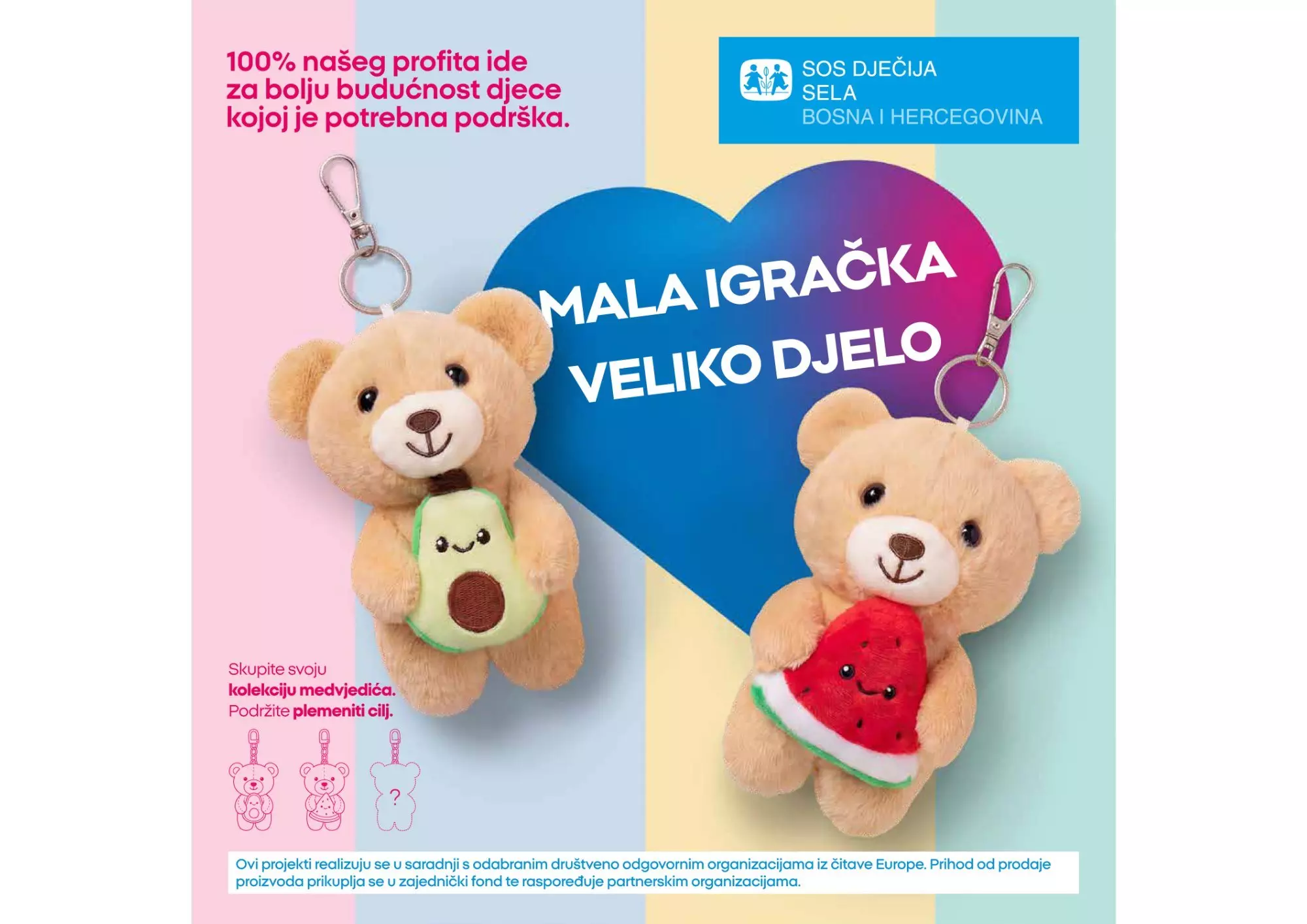 Pepco teddy bear keyrings holding avocado and watermelon toys supporting SOS Children's Villages charity.
