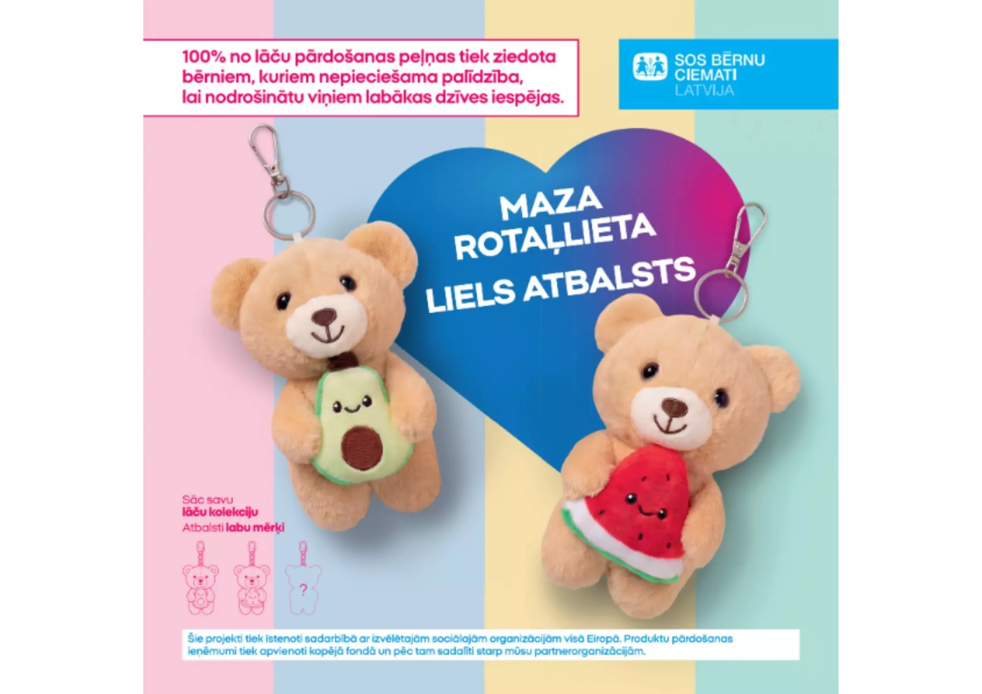 Portachiavi Pepco a forma di orsetto di peluche con avocado e anguria per beneficenza SOS Villaggi dei Bambini.