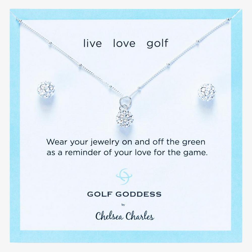 Golf Goddess Silver Golf Ball Necklace and Earrings Gift Set