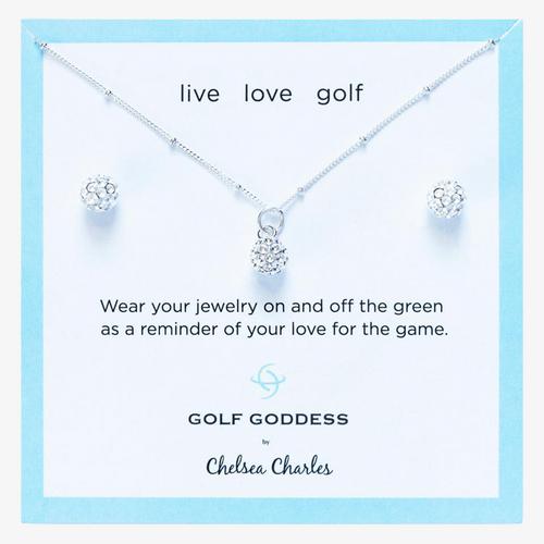 Golf Goddess Silver Golf Ball Necklace and Earrings Gift Set