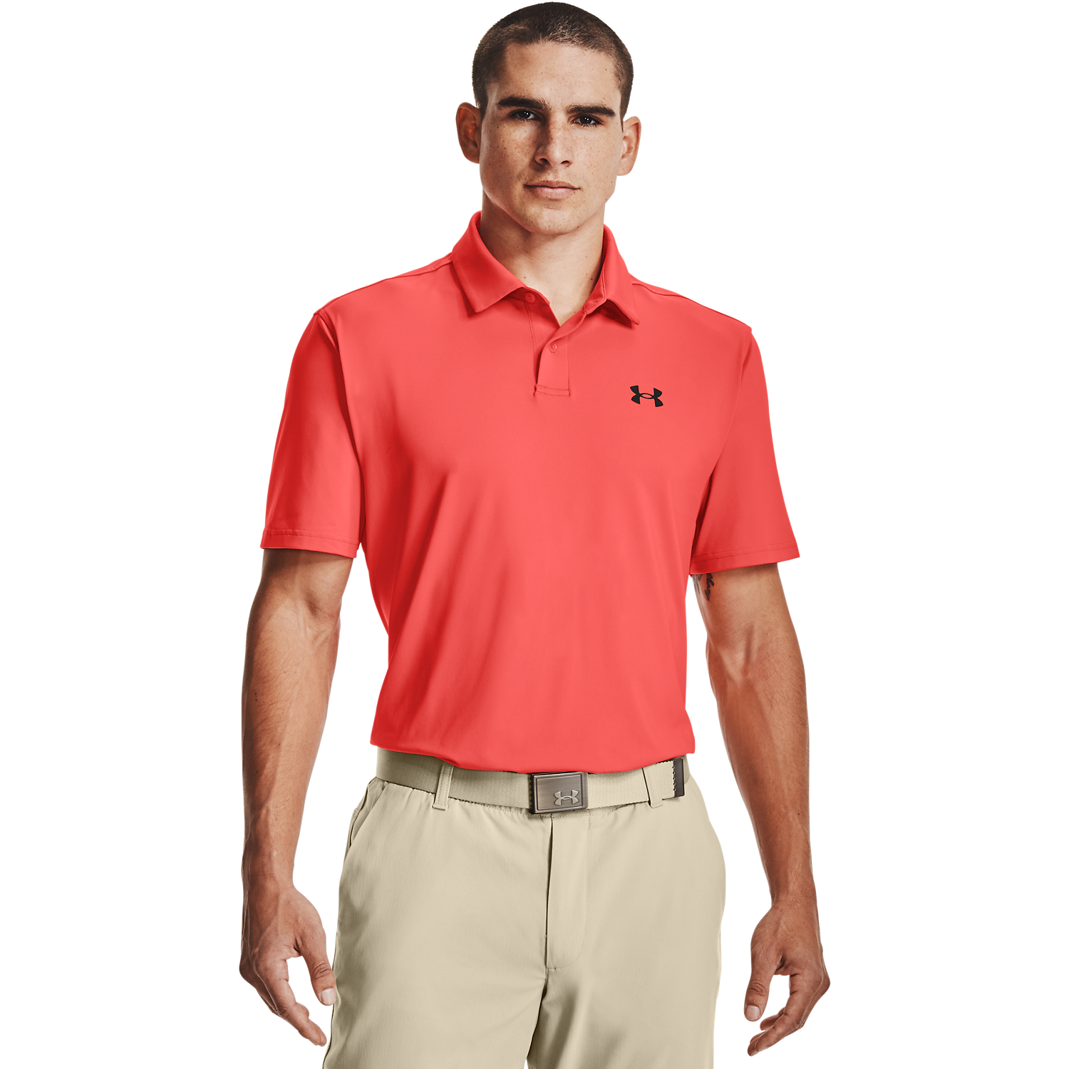 Red under store armour golf shirt