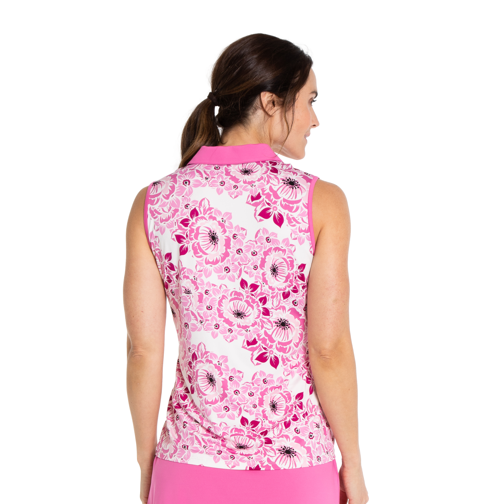 Dahlia Dreams Collection:  Floral Print V-Neck Sleeveless Polo Shirt